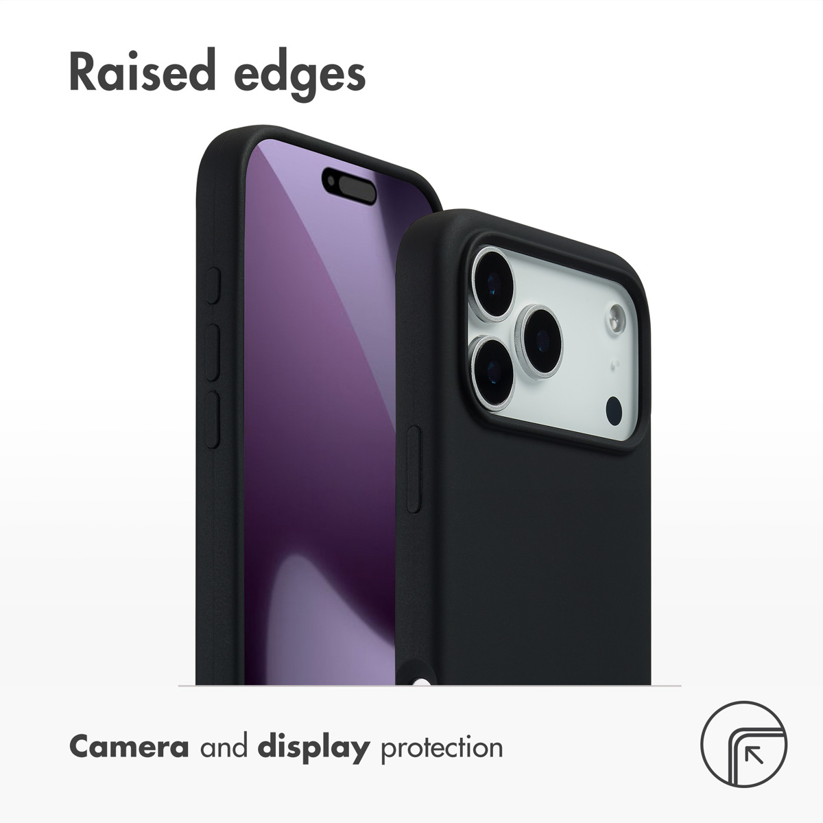 Funda de móvil negra con bordes elevados para proteger la cámara y la pantalla.