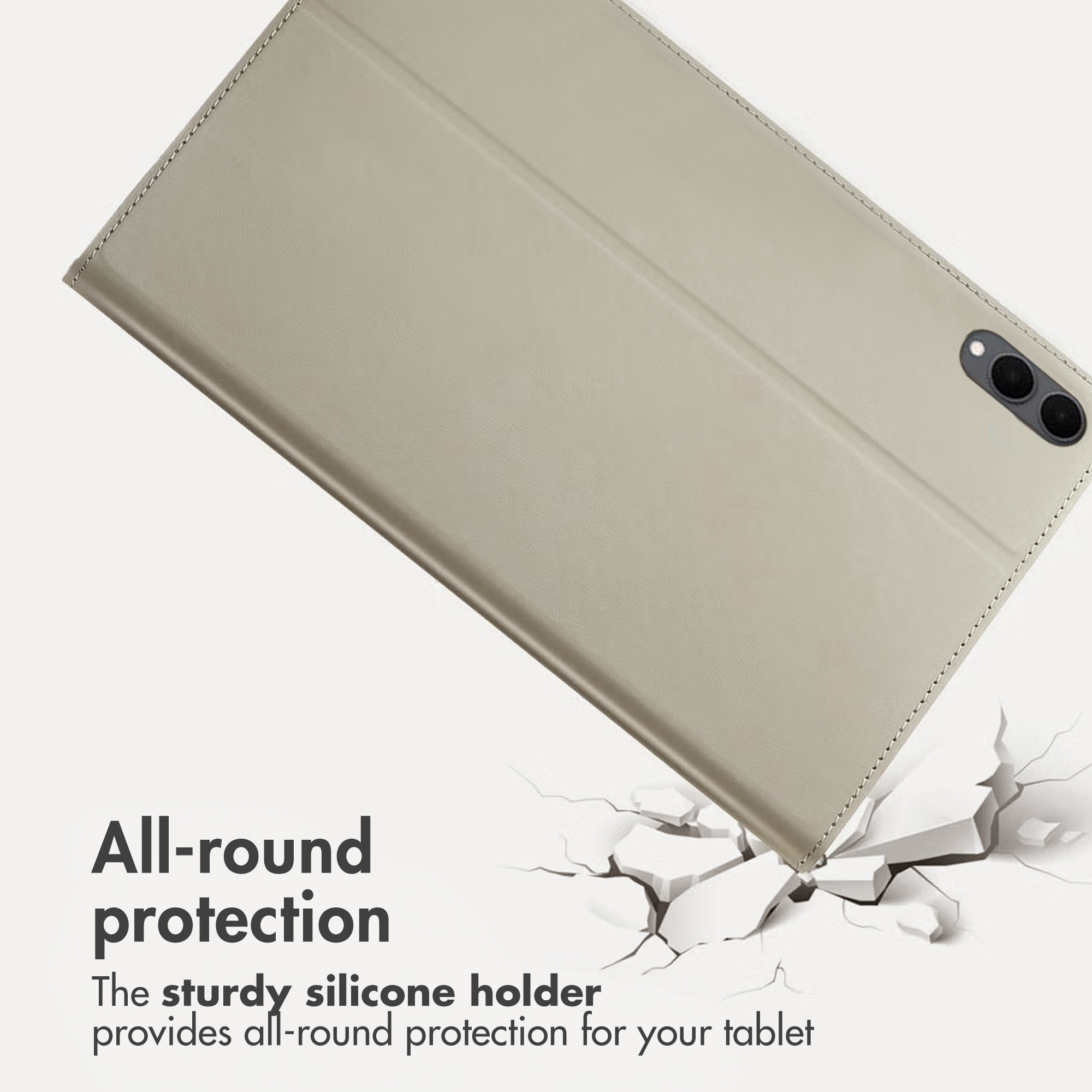 Un étui de tablette beige sur un fond blanc fissuré avec du texte sur la protection complète.