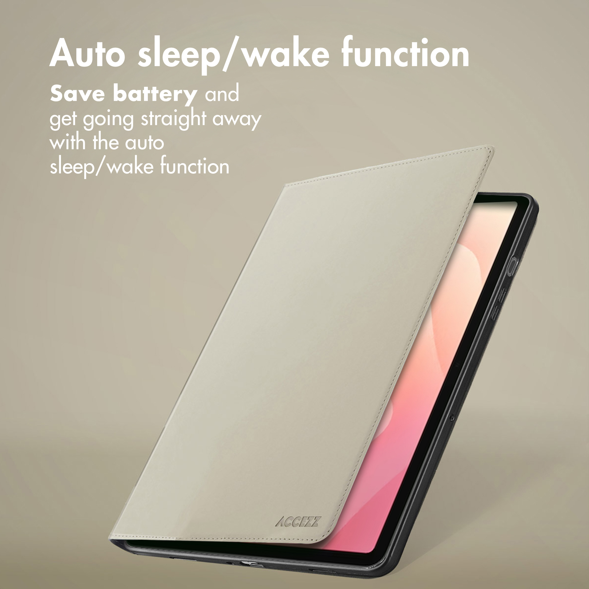 Un étui de tablette beige est entrouvert sur une tablette, avec du texte sur une fonction de mise en veille automatique.