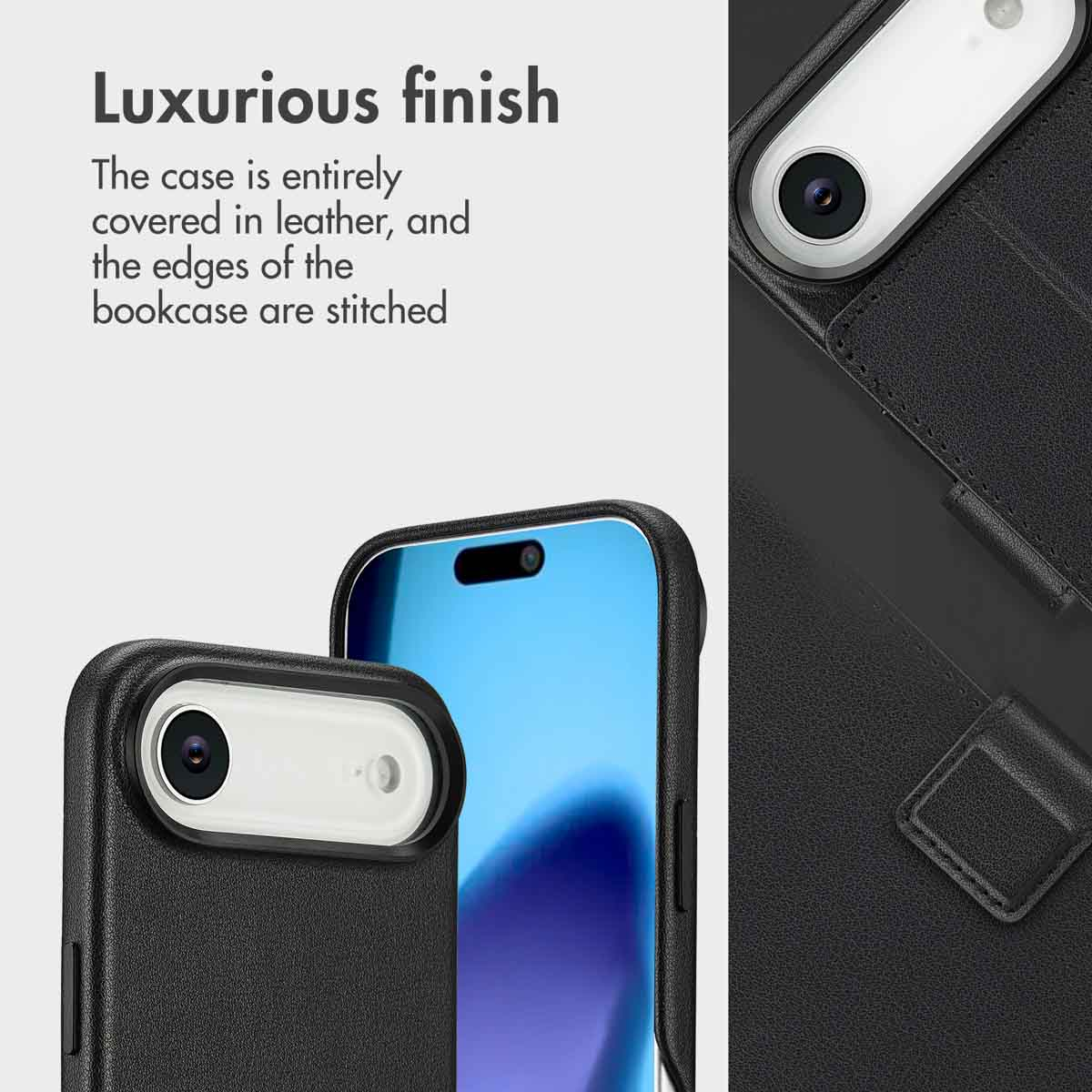 Lussuosa custodia in pelle con bordi cuciti e uno smartphone.