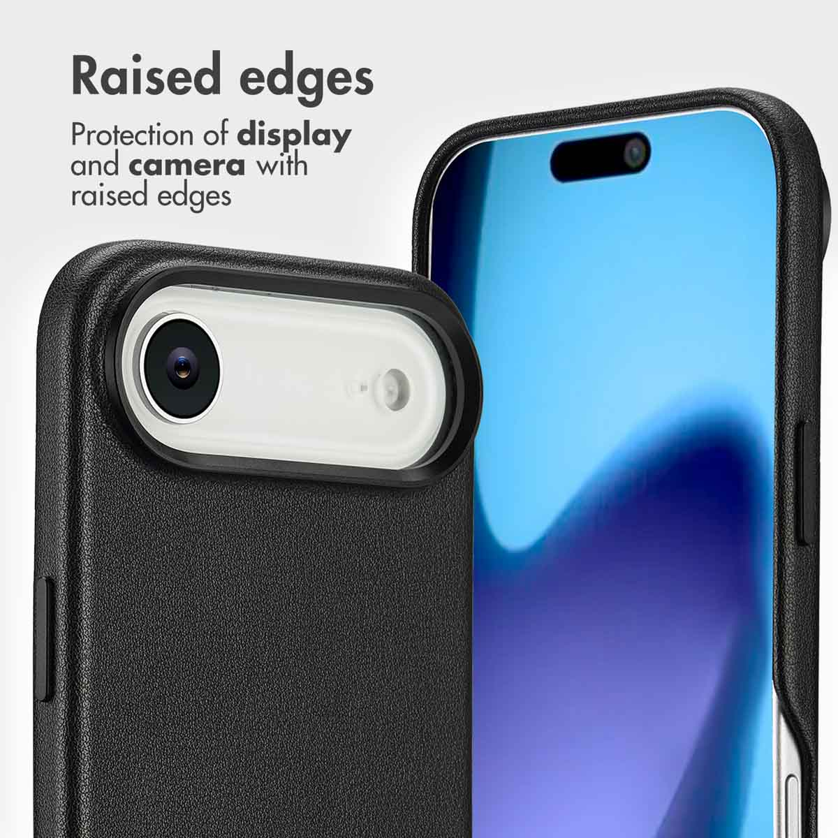 Custodia per cellulare nera con bordi rialzati per proteggere schermo e fotocamera.