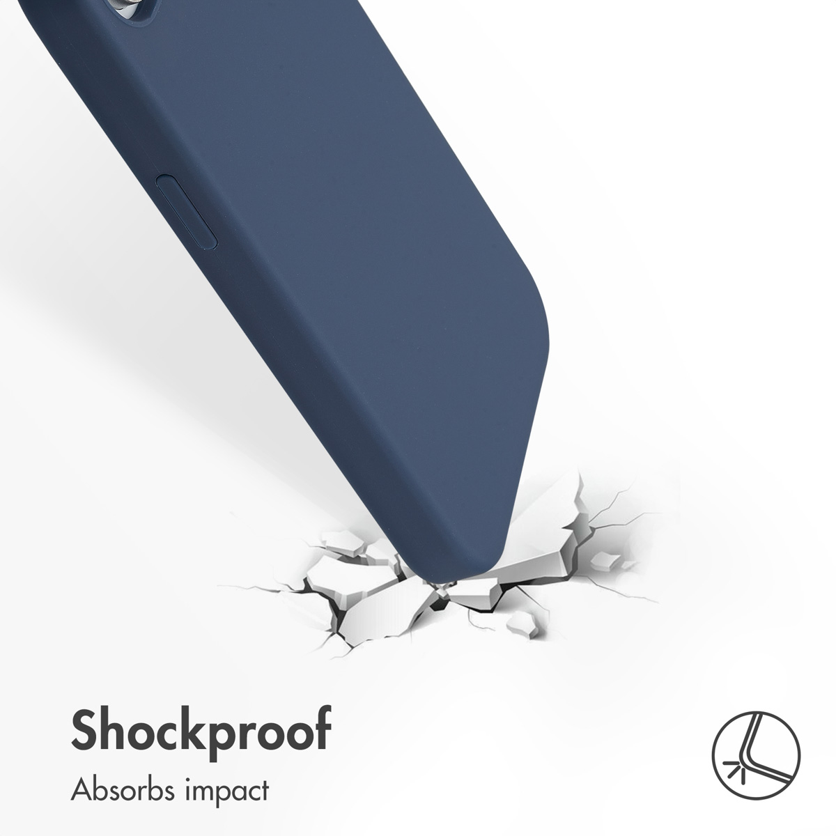 Coque de smartphone bleue brisant un sol blanc fissuré, illustrant la protection antichoc.