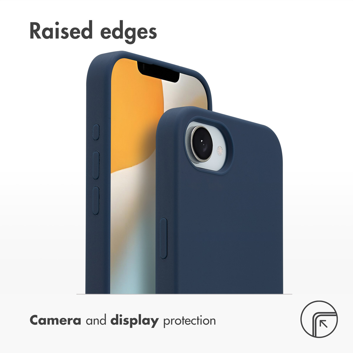 Deux coques de smartphone bleu foncé montrant des bords surélevés pour protéger l'appareil photo et l'écran.