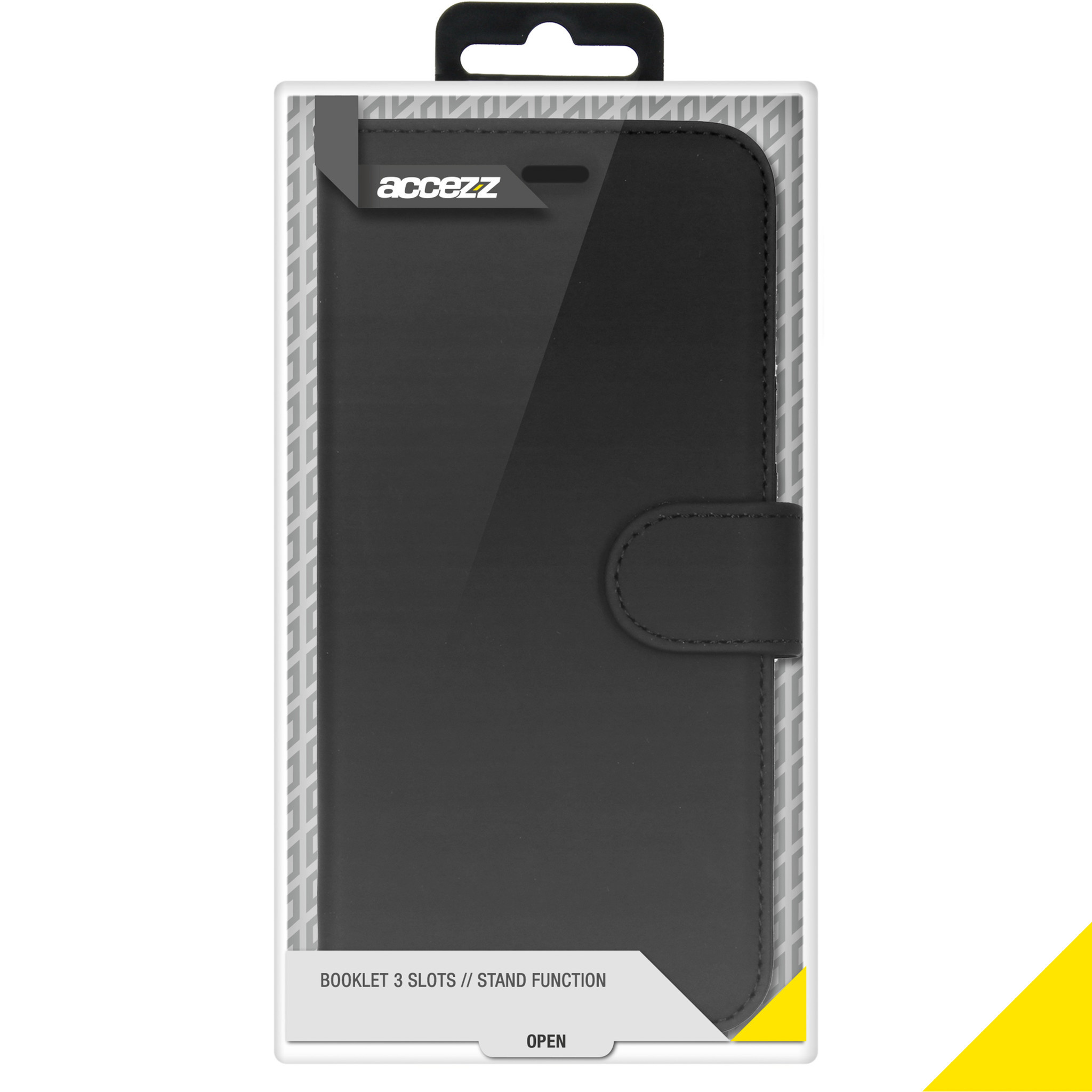 Una funda tipo libro para smartphone de cuero negro en su empaque sobre fondo blanco.