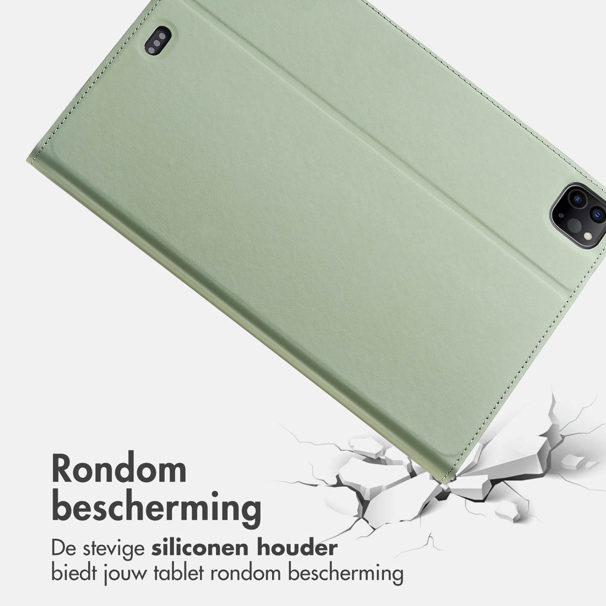 Green tablet case above a cracked white surface with text about all-around protection.