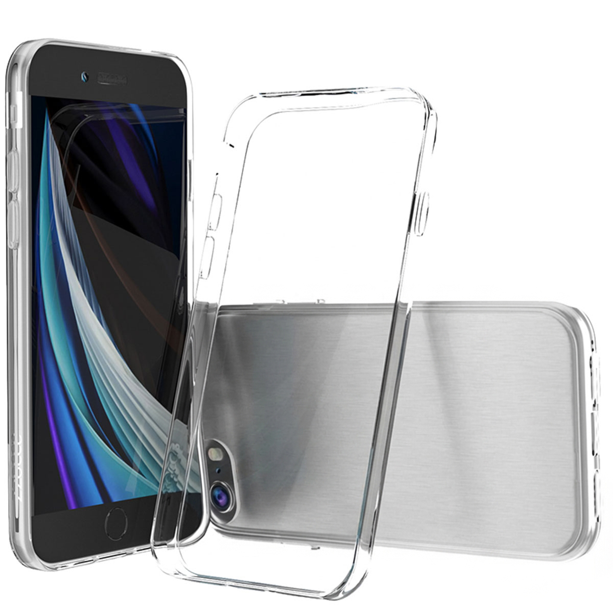 Srebrny smartfon z przezroczystym etui ochronnym i ekranem, pokazany z przodu i z tyłu.