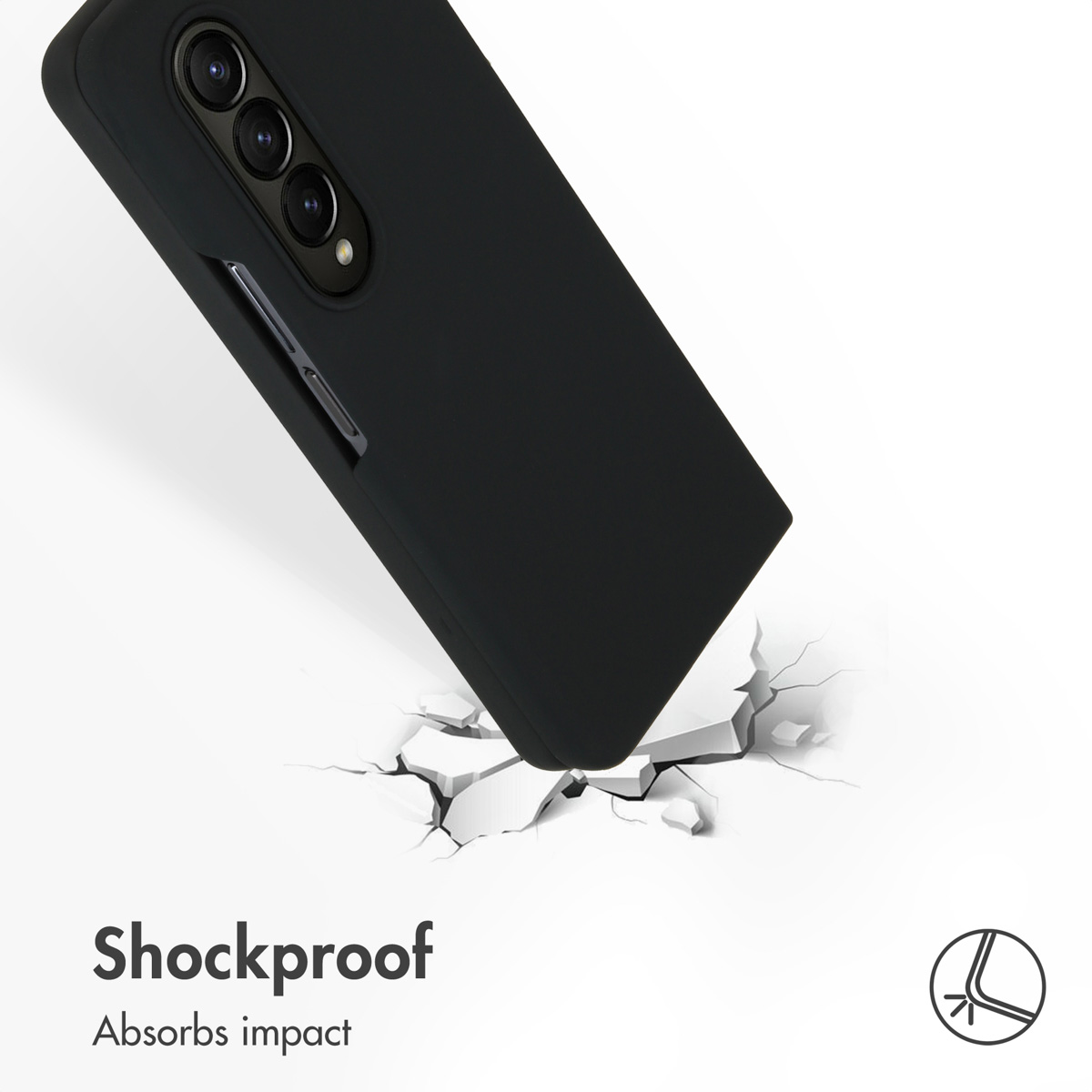 Uno smartphone nero in una custodia protettiva impatta su una superficie bianca che si incrina.