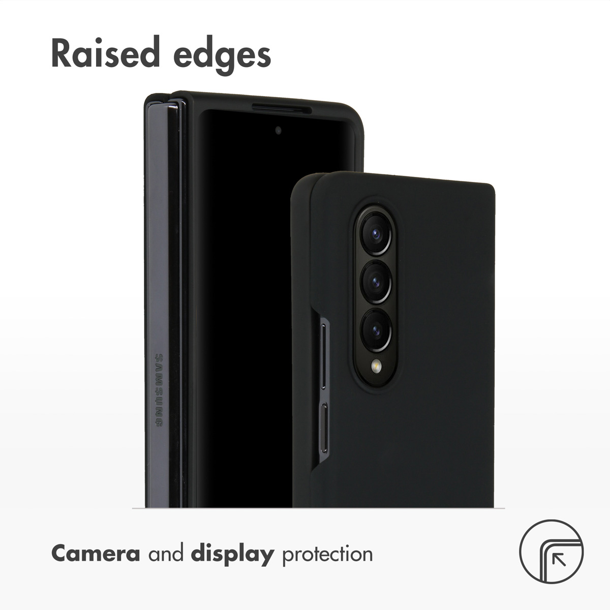 Uno smartphone nero in una custodia protettiva, che mostra bordi rialzati per fotocamera e display.