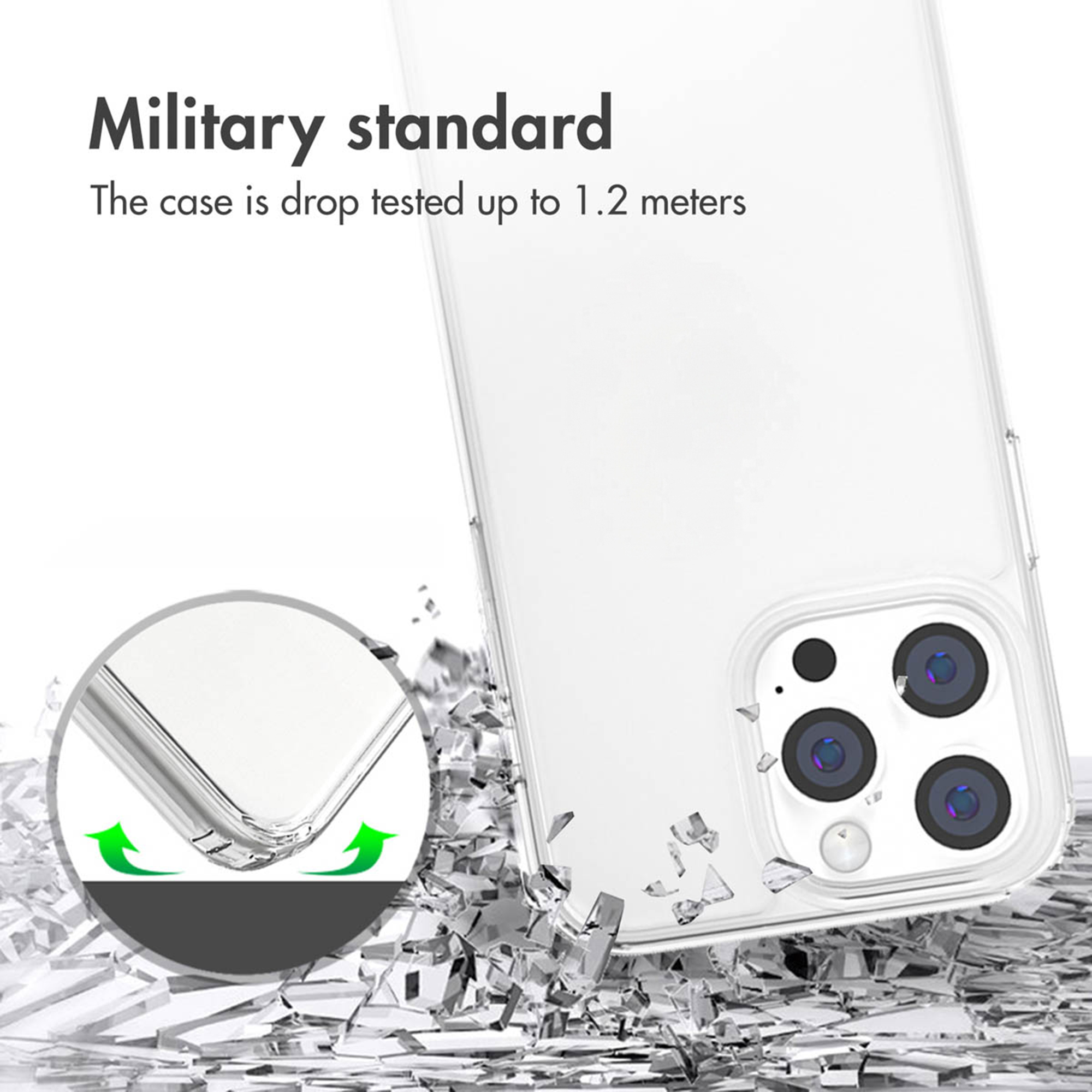 Funda de teléfono transparente con estándar militar y protección contra caídas.