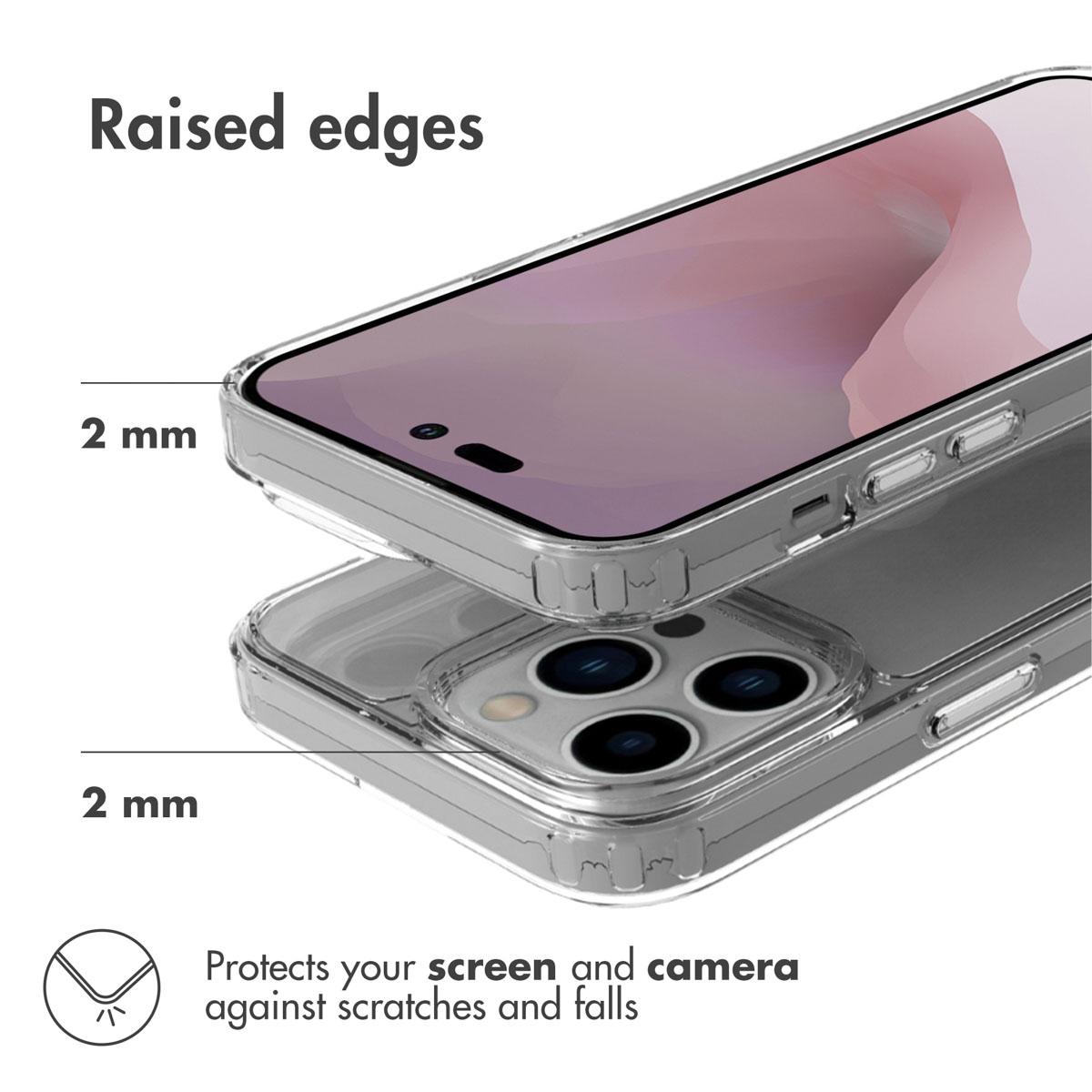 Funda transparente para teléfono con bordes elevados de 2 mm para proteger pantalla y cámara.