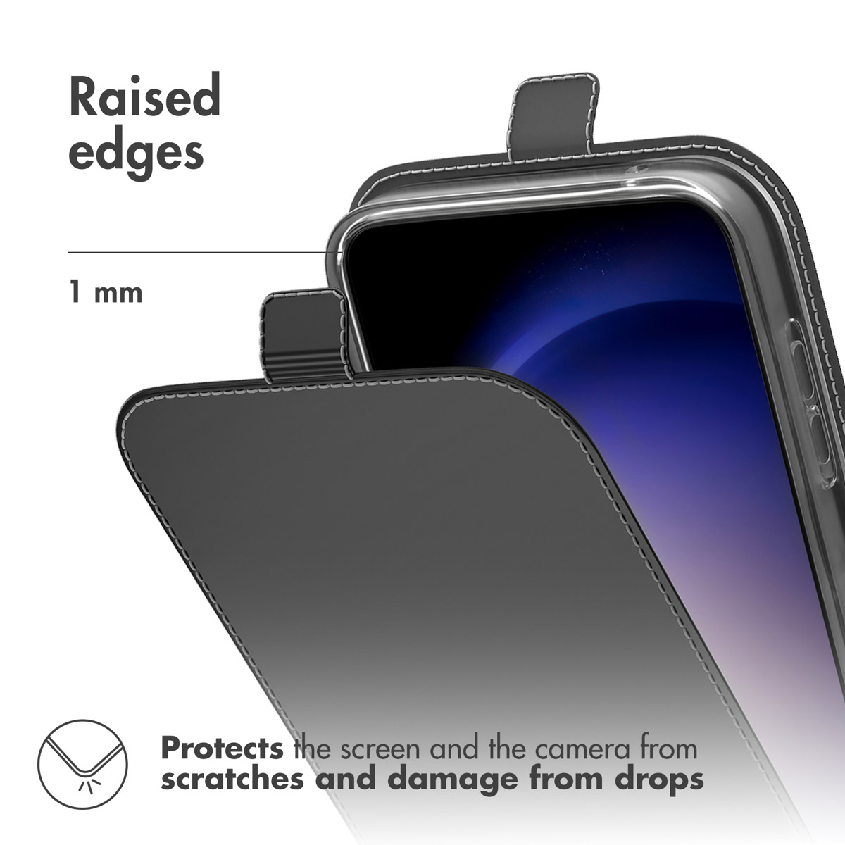 Smartphone en funda protectora con bordes elevados de 1 mm para proteger pantalla y cámara.