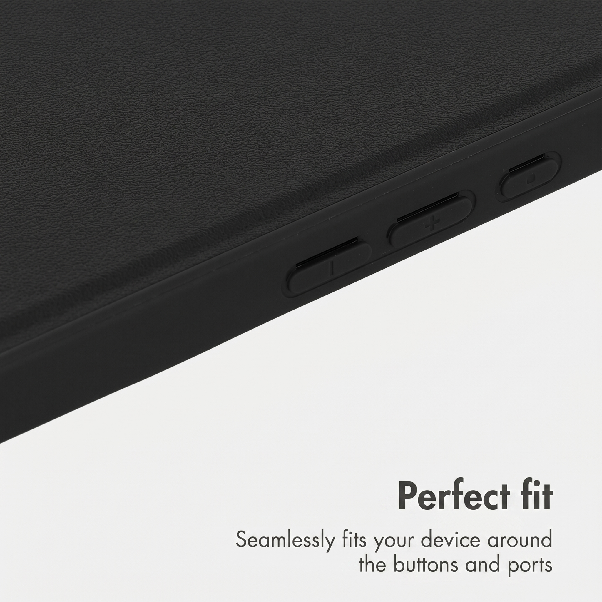 Black protective case with buttons and text reading "Perfect fit".
