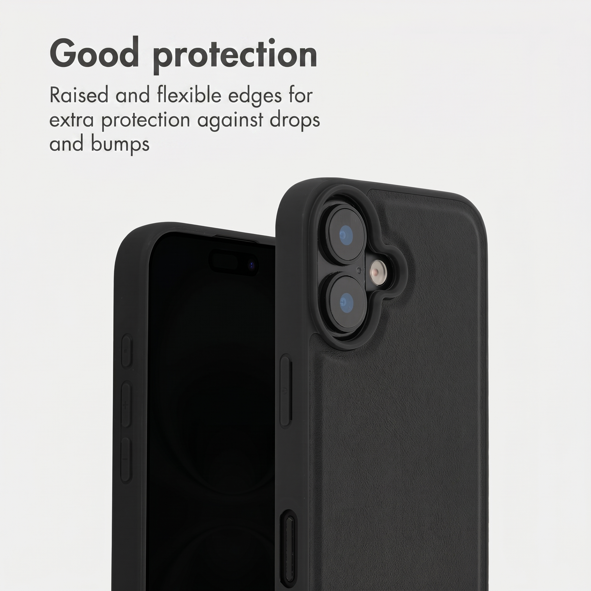 Black smartphone case with raised edges for camera protection and text.