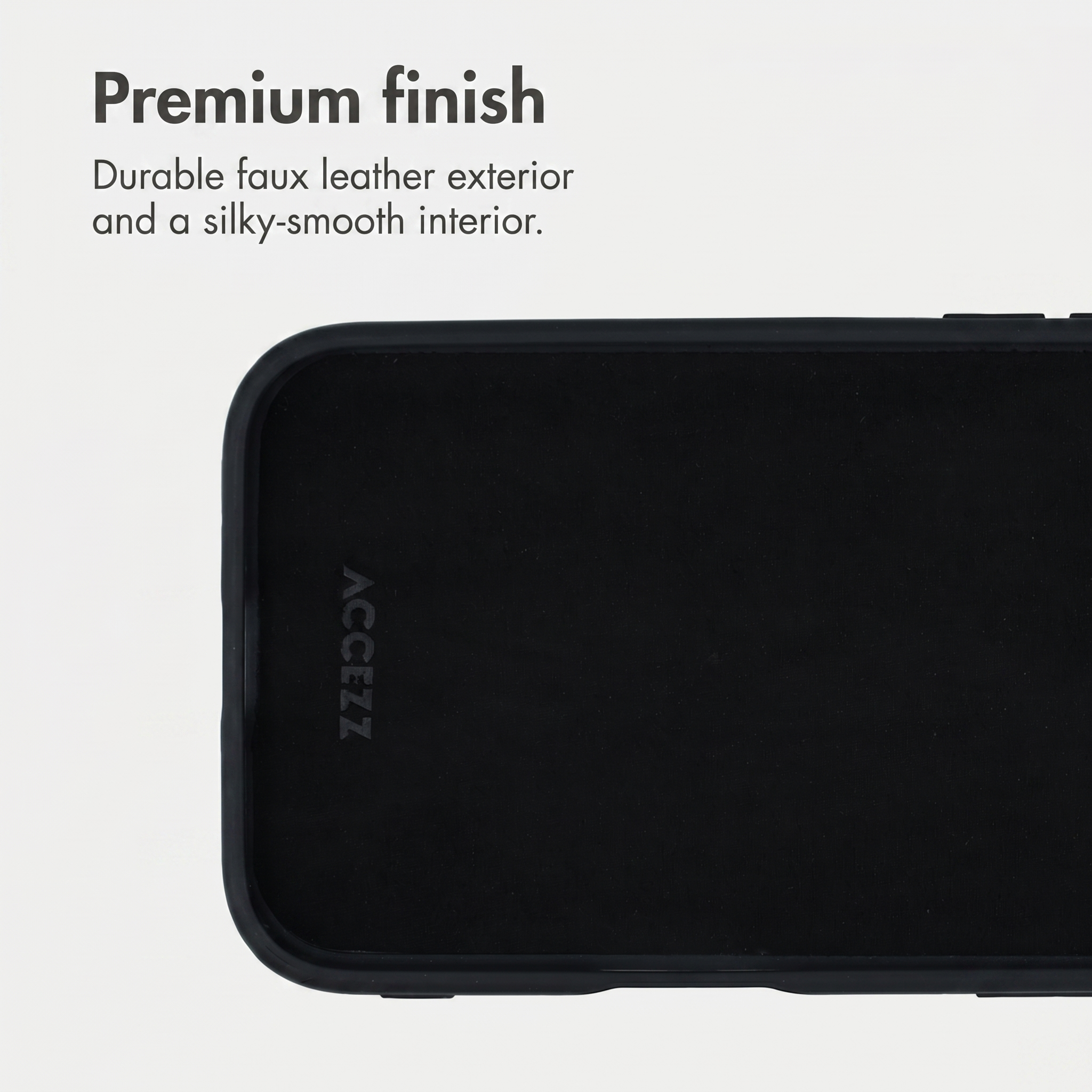 Black phone case with text Premium finish and Durable faux leather exterior and a silky-smooth interior.