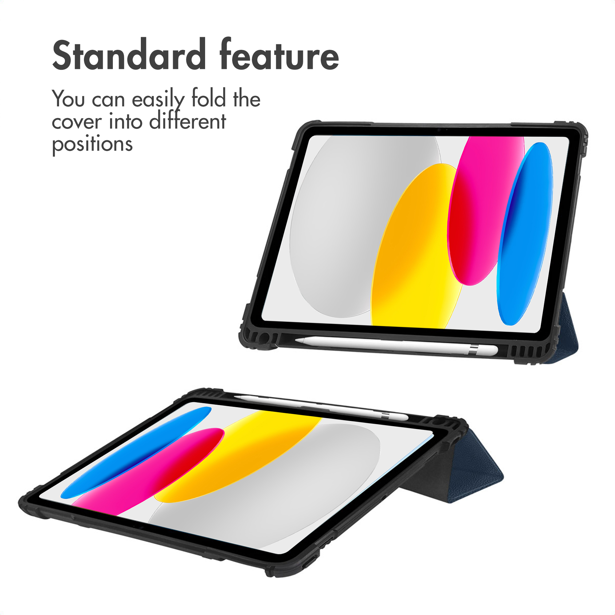 A tablet in a protective case shown in two different folding positions.