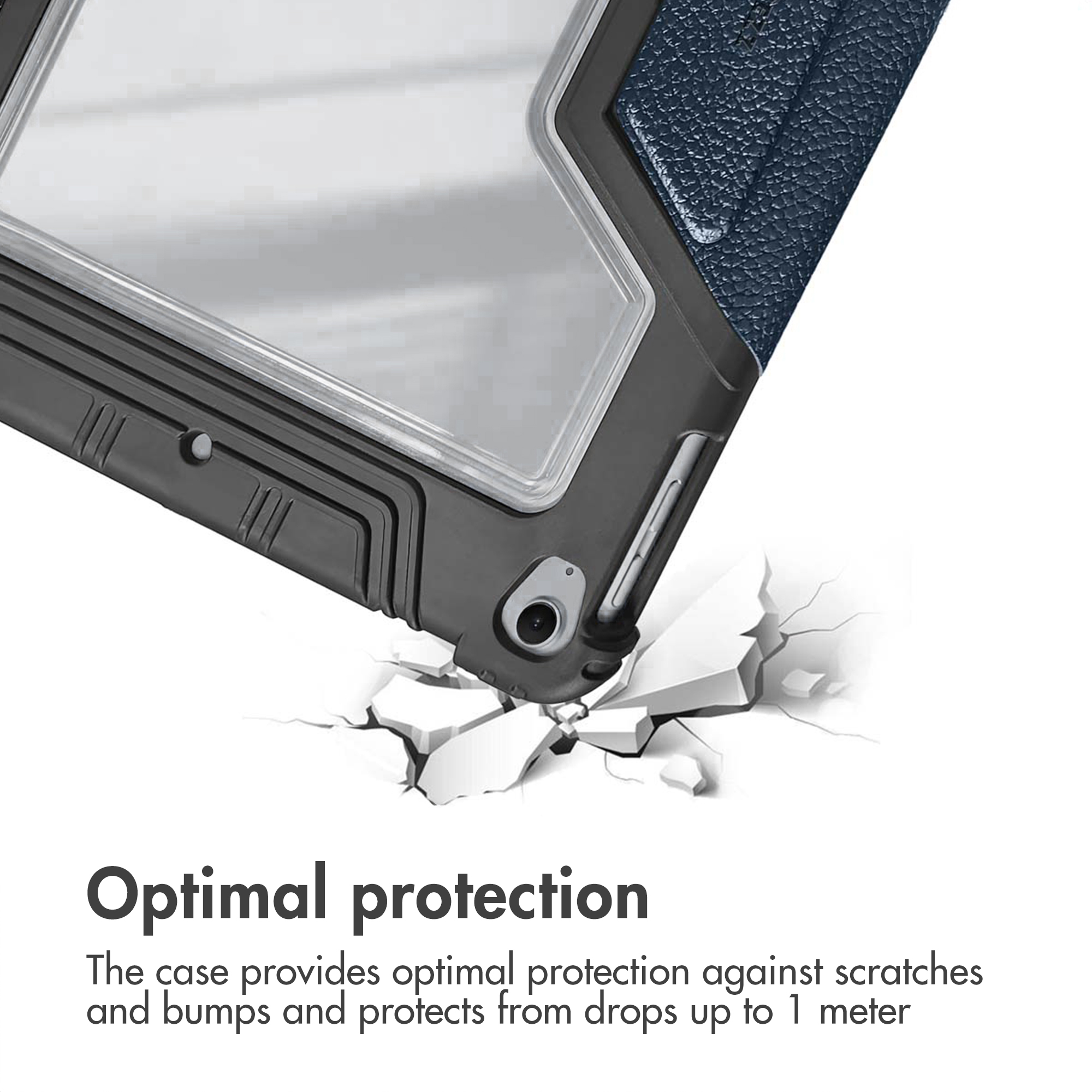 Rugged blue and black tablet case demonstrating drop protection.
