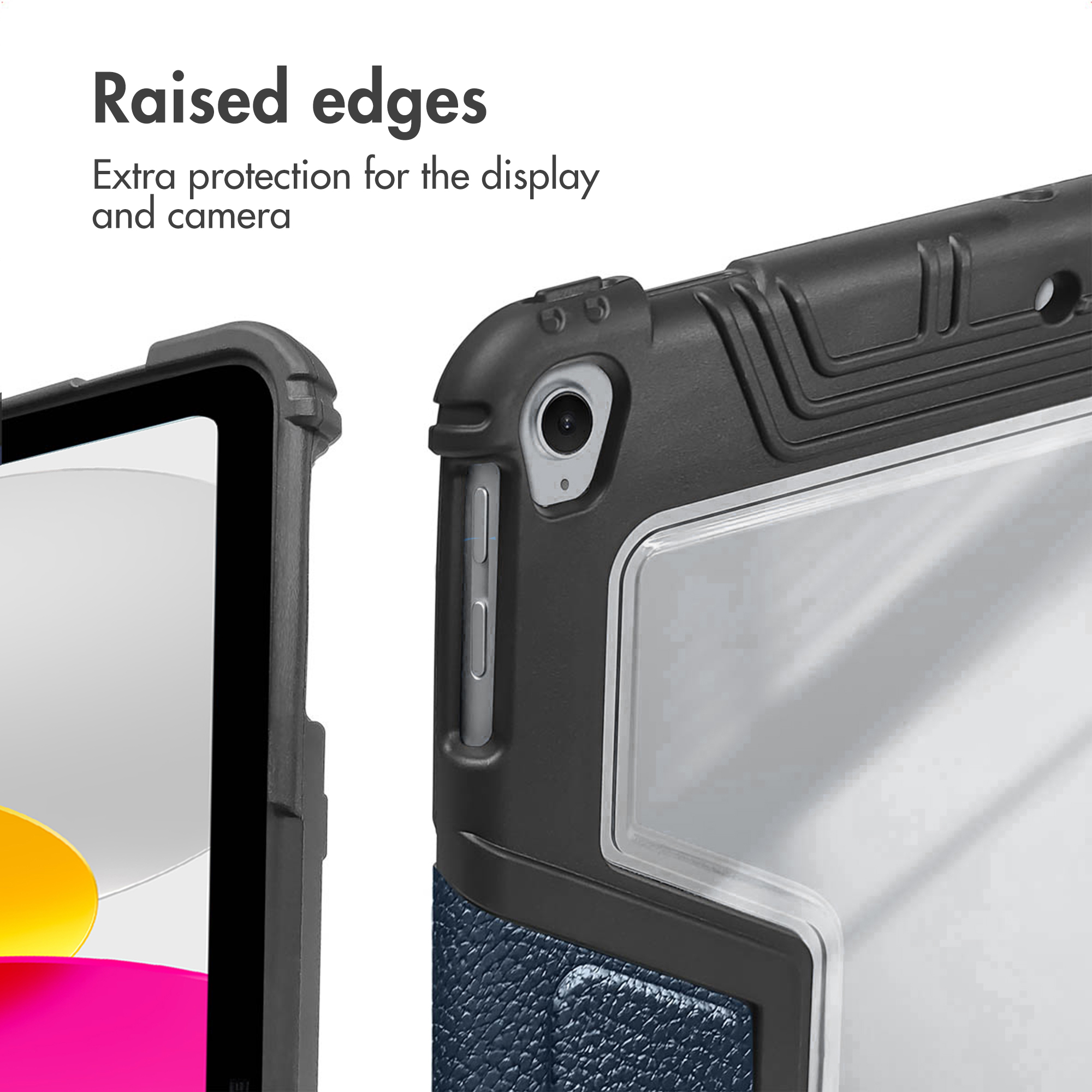 Close-up of a tablet protective case highlighting raised edges for display and camera protection.