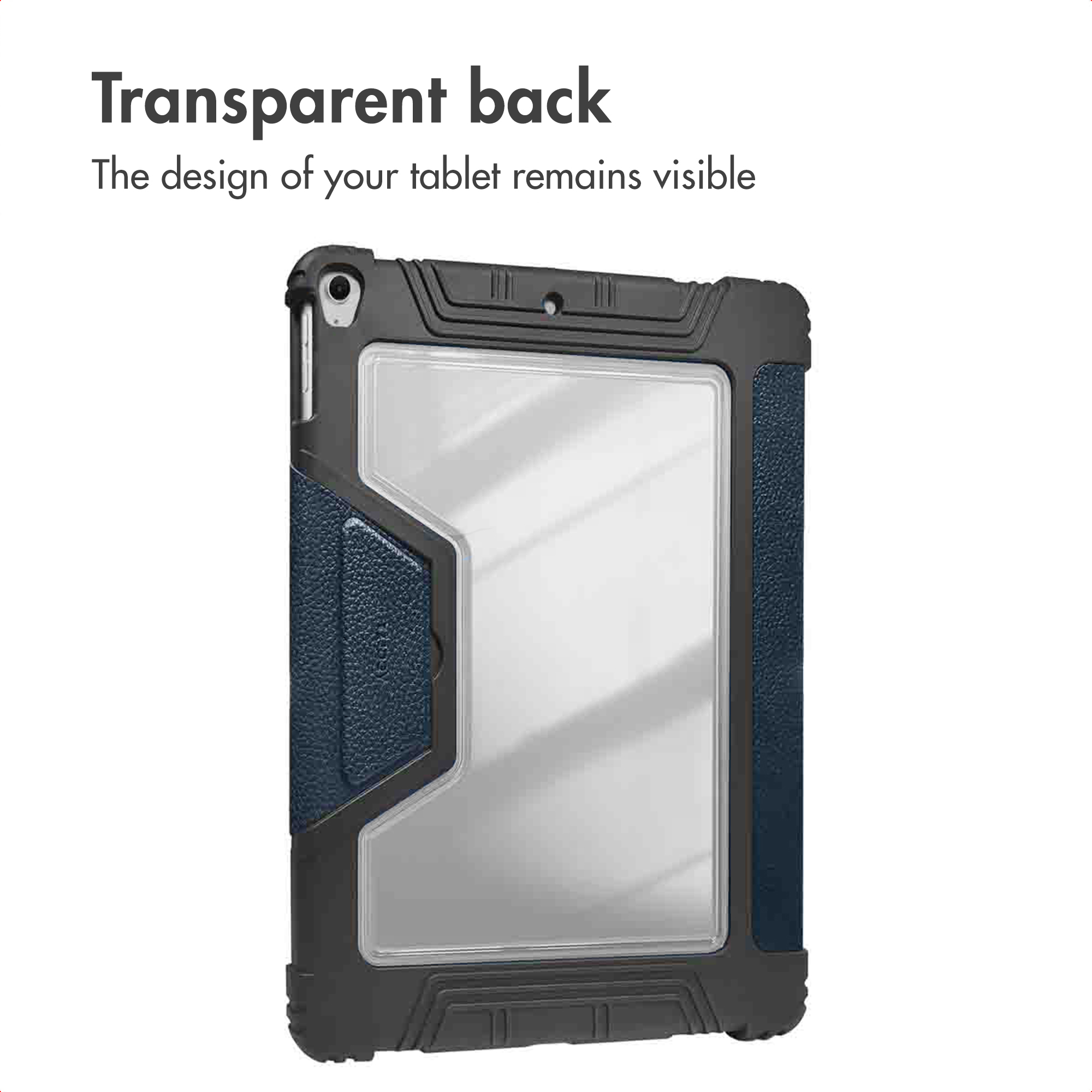 A tablet in a rugged case featuring a black frame and a transparent back.