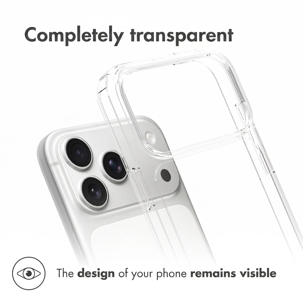 Una custodia per telefono trasparente sopra uno smartphone argento con tre fotocamere.