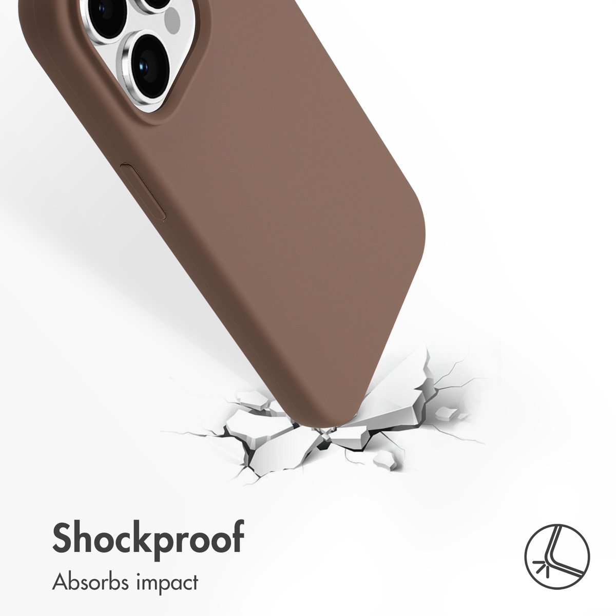 Coque de téléphone marron heurtant une surface fissurée, texte Antichoc absorbe les chocs.