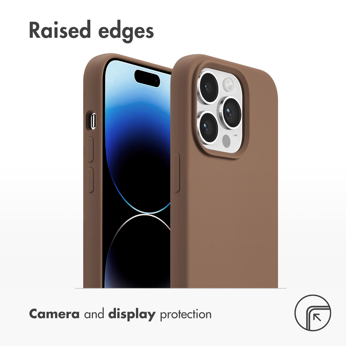 Coque de smartphone marron montrant des bords surélevés pour protéger l'appareil photo et l'écran.