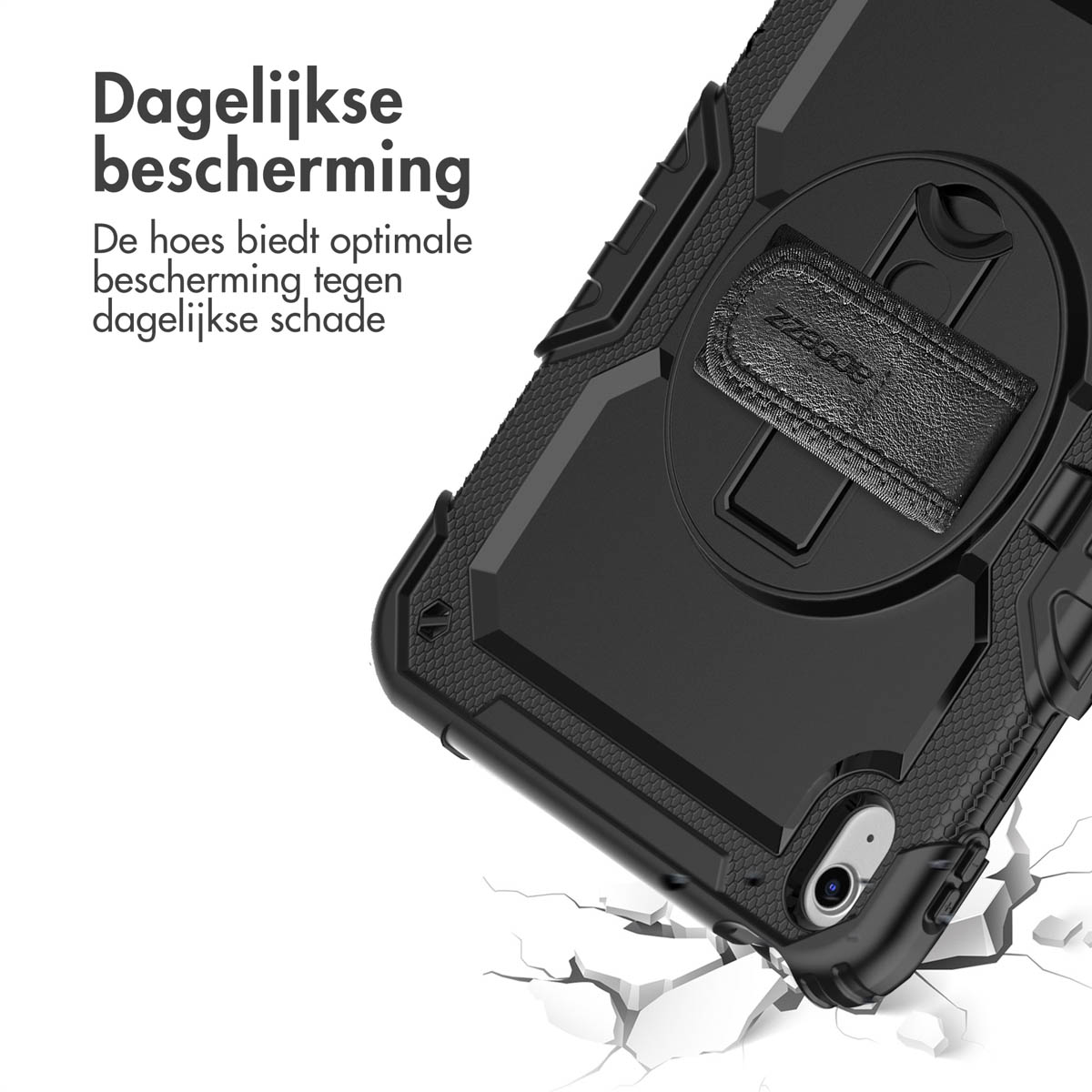 Coque de protection noire avec sangle et découpe pour appareil photo sur fond blanc avec du texte.