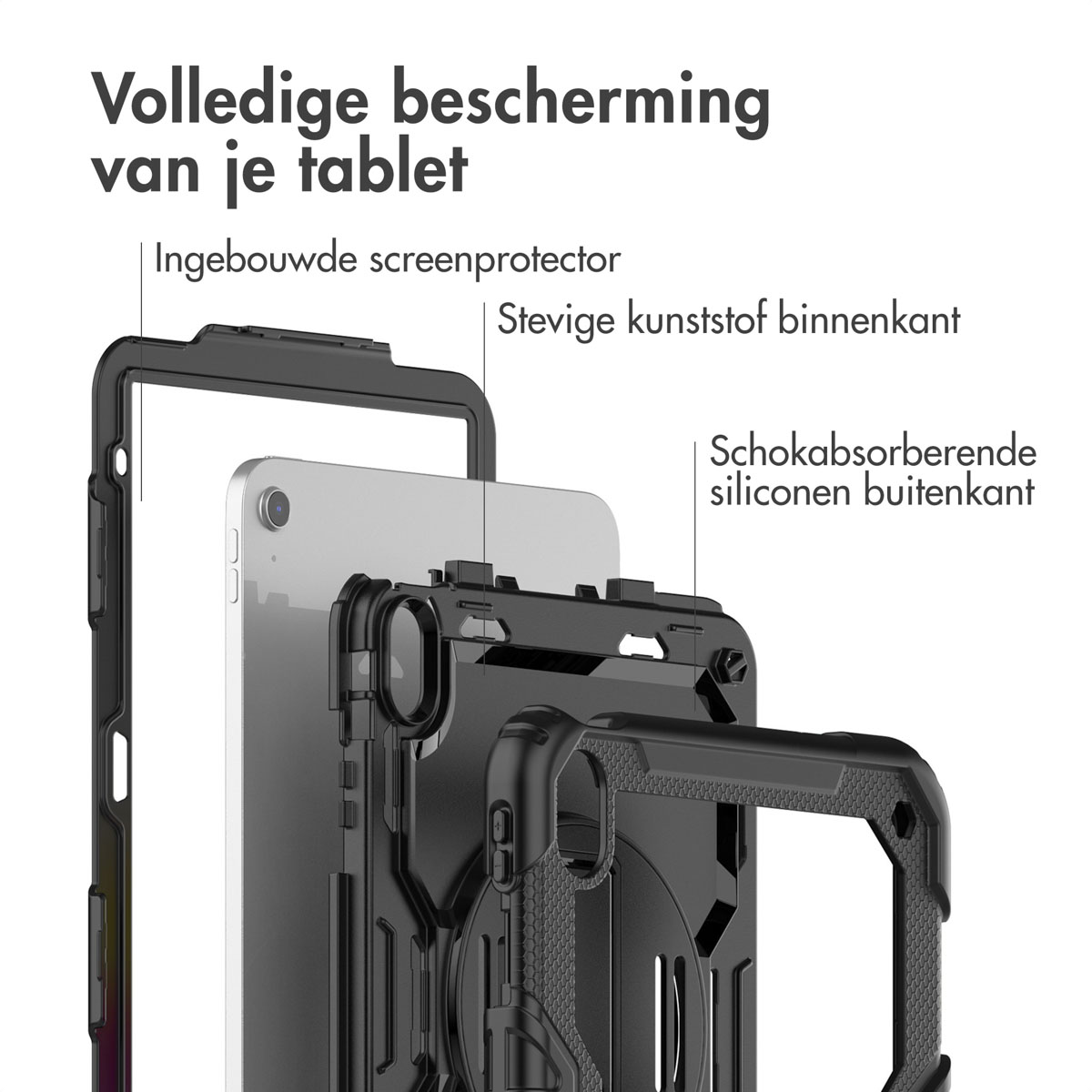 Vue éclatée d'un étui de tablette noir multicouche avec protection d'écran, intérieur en plastique et extérieur en silicone.