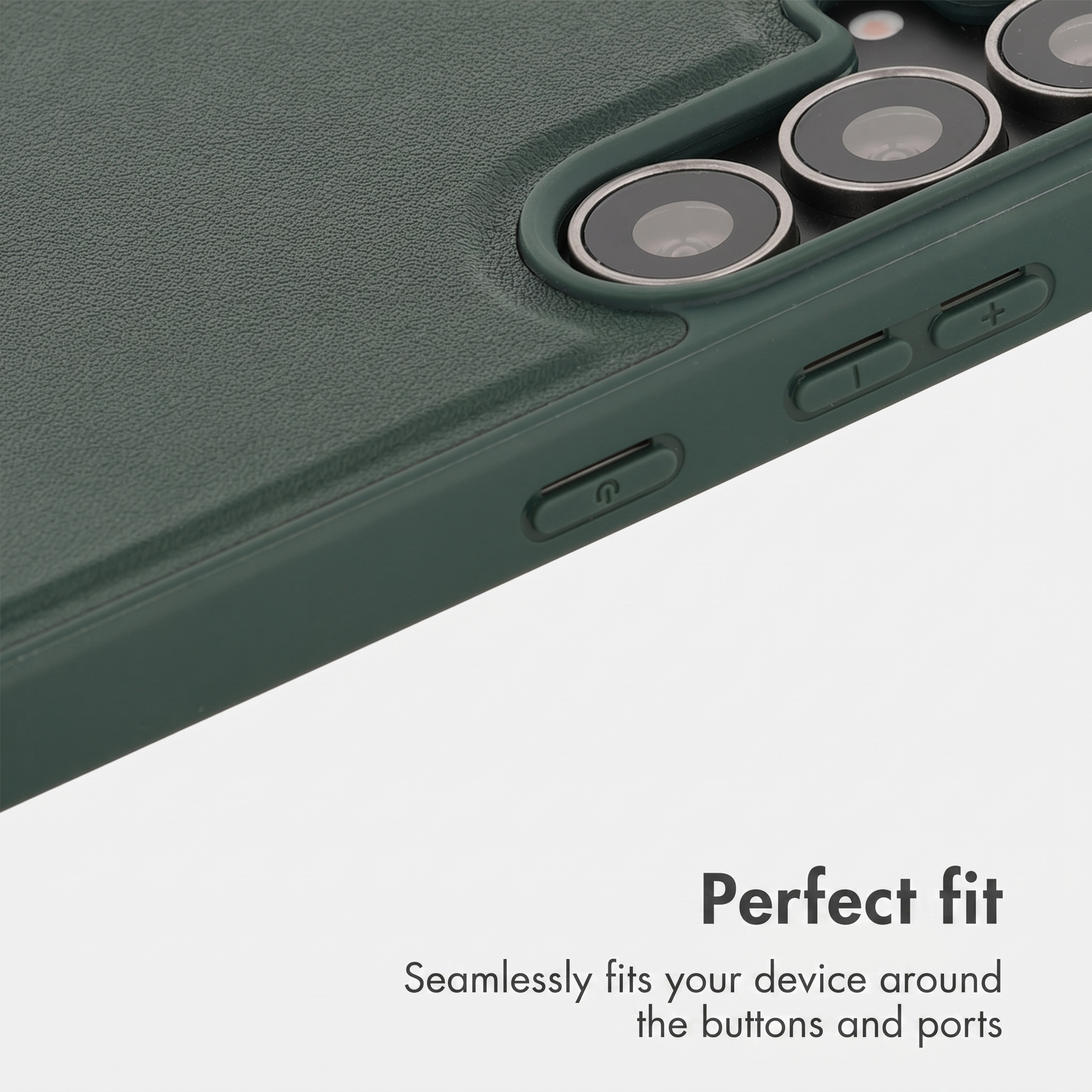 Dark green leather smartphone case showing precise cutouts for buttons and cameras.