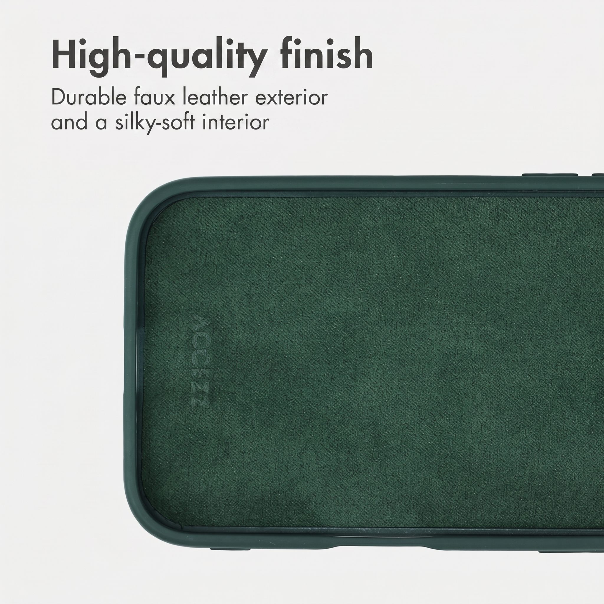 Dark green phone case with a soft, silky interior and faux leather exterior.