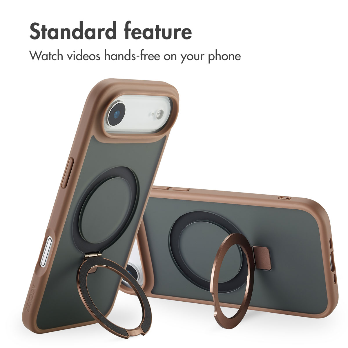 Dos fundas para teléfonos en marrón y gris con soporte integrado para ver videos sin manos.