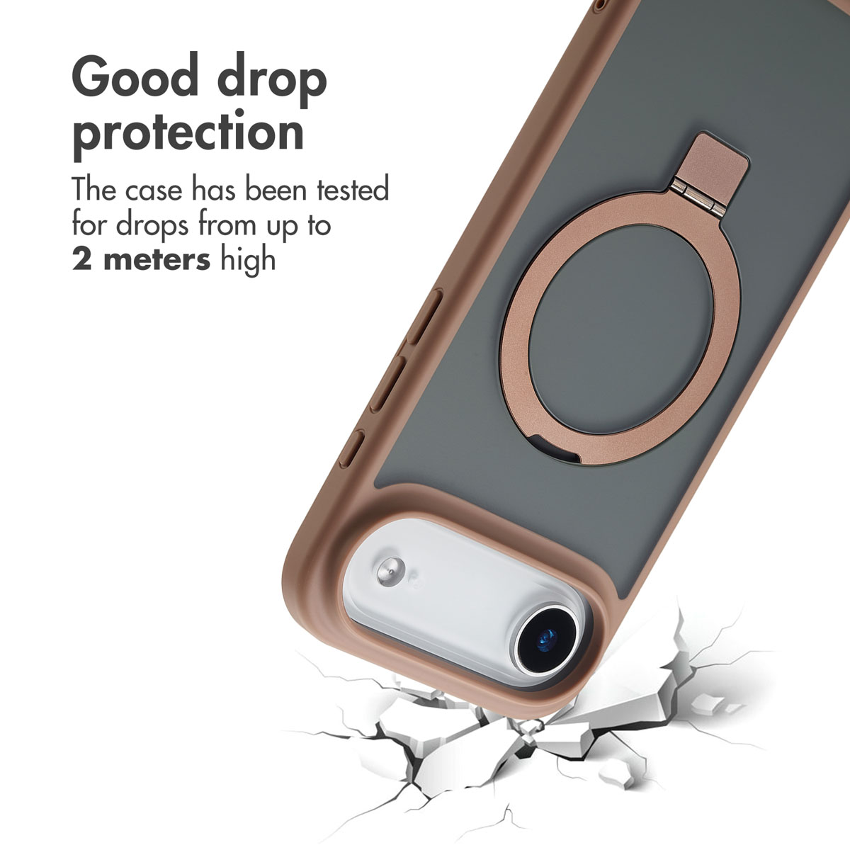 Se muestra una funda para teléfono con soporte de anillo sobre fondo blanco con texto sobre protección contra caídas.