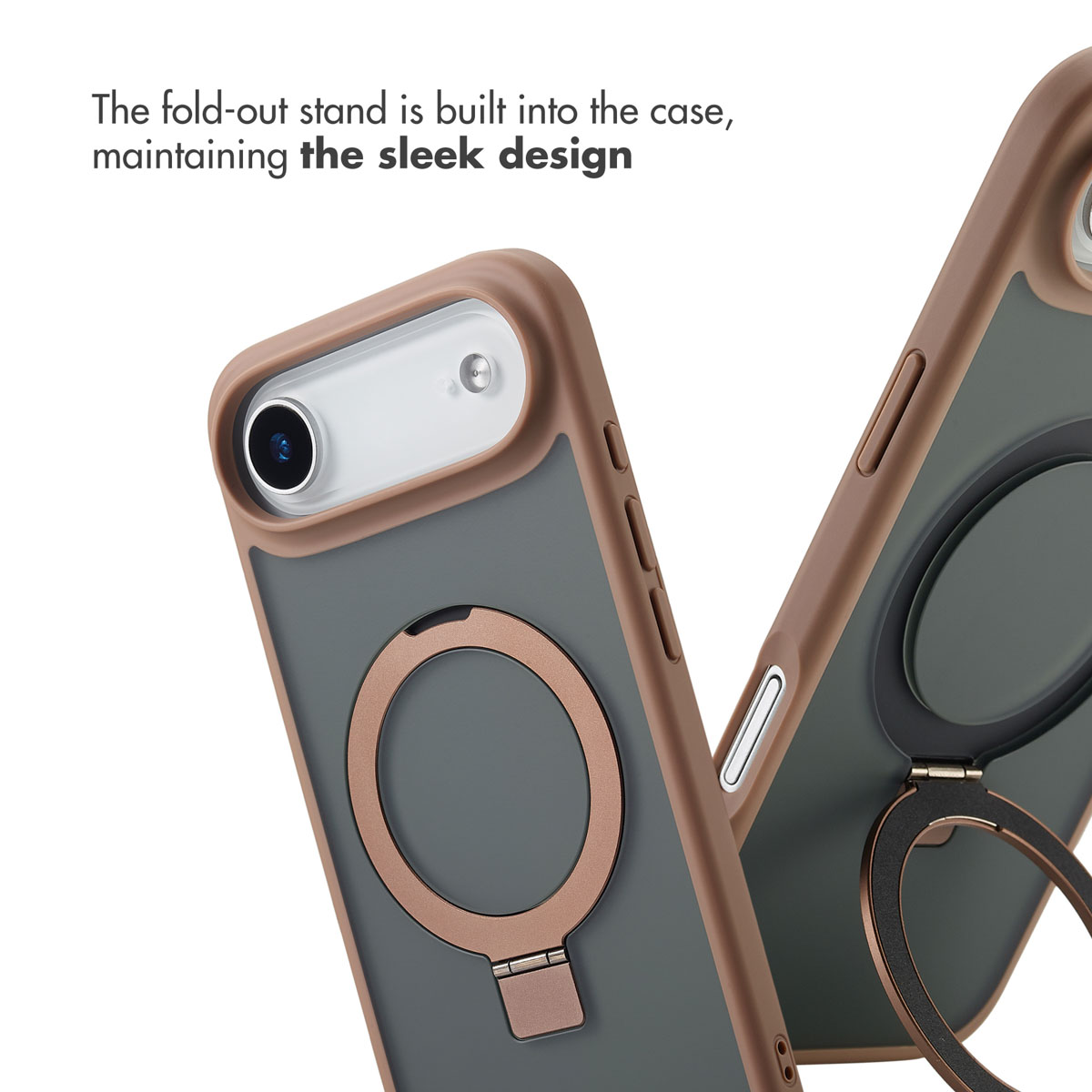 Dos fundas para smartphones con soporte plegable integrado y un anillo magnético en la parte posterior.