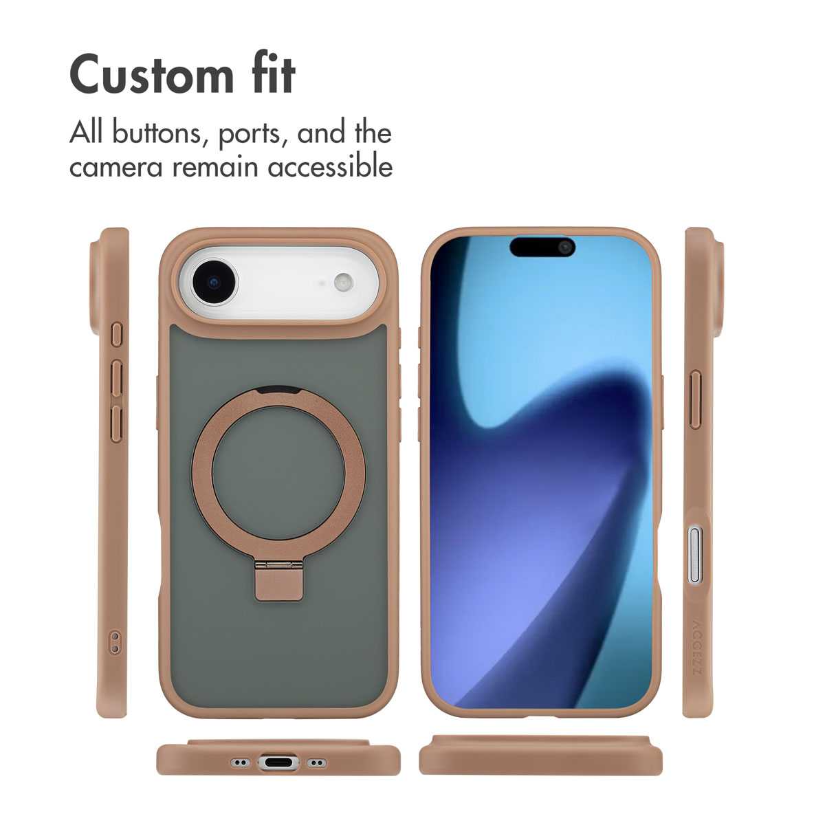 Vistas múltiples de una funda protectora marrón con soporte de anillo y teléfono sobre fondo blanco.