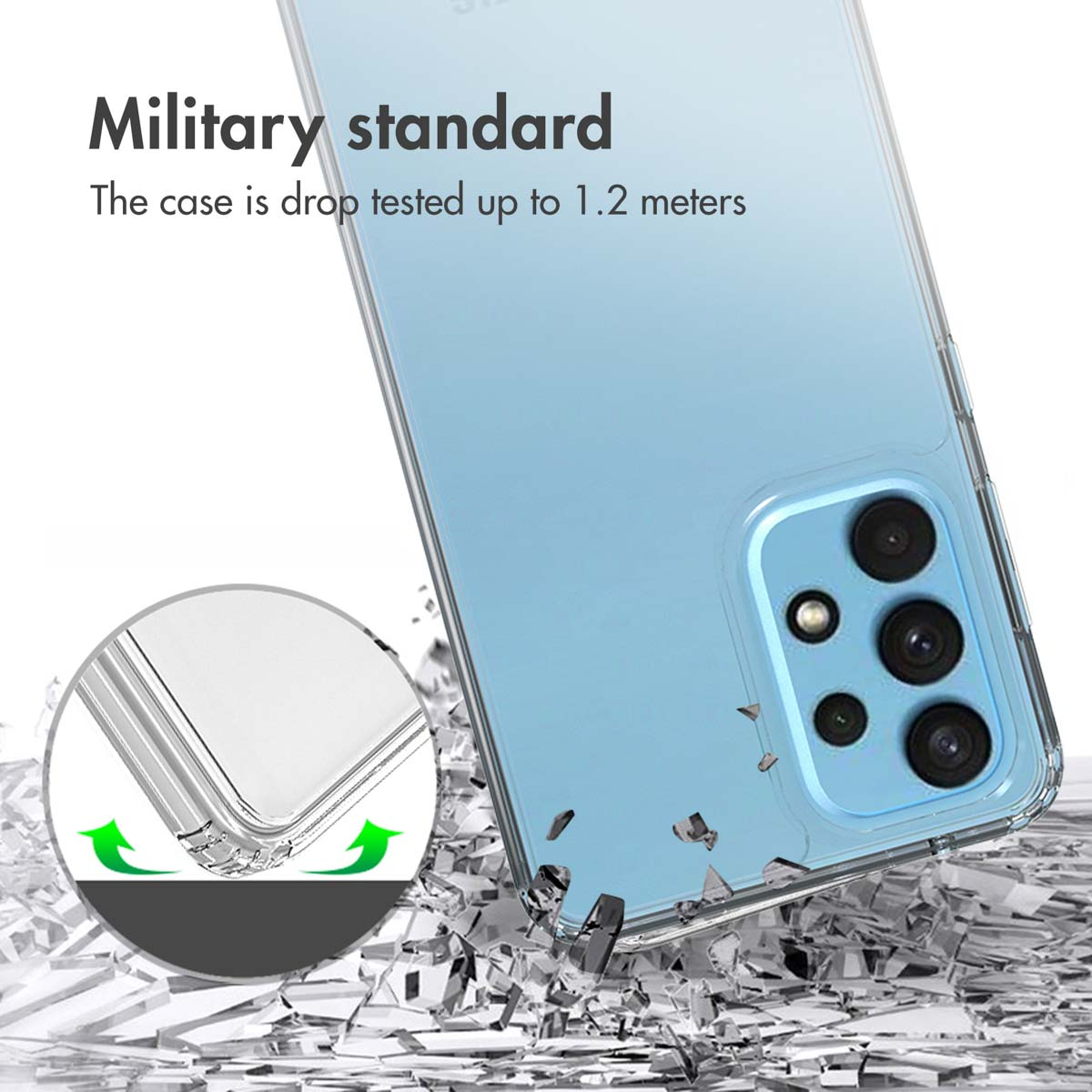 Un teléfono inteligente azul claro en una funda protectora transparente sobre una superficie de vidrio.