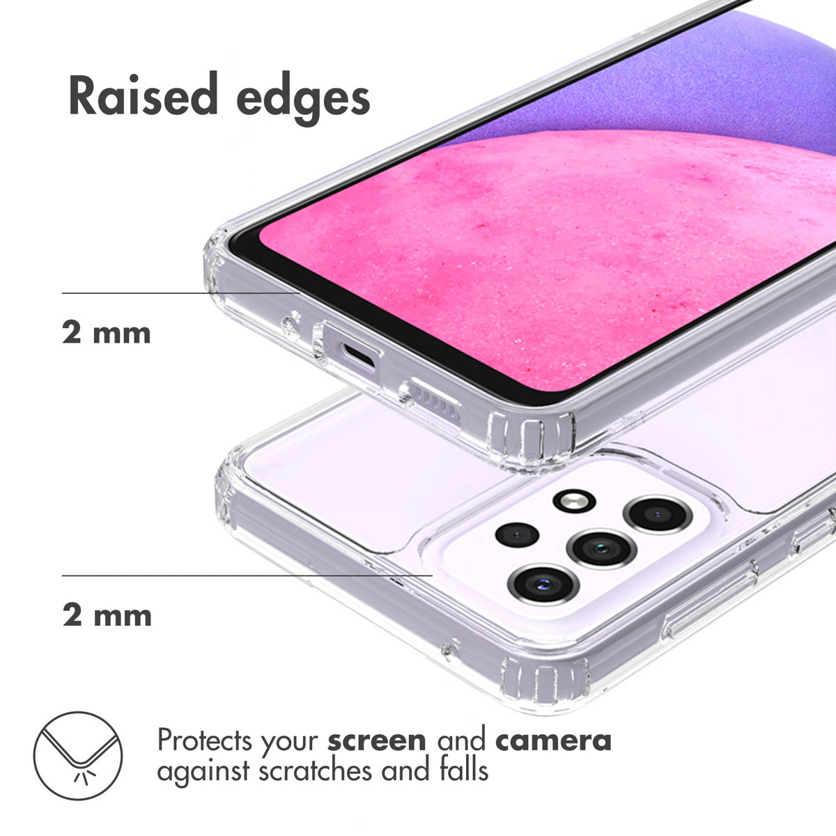 Funda protectora transparente con bordes elevados de 2 mm para pantalla y cámara.