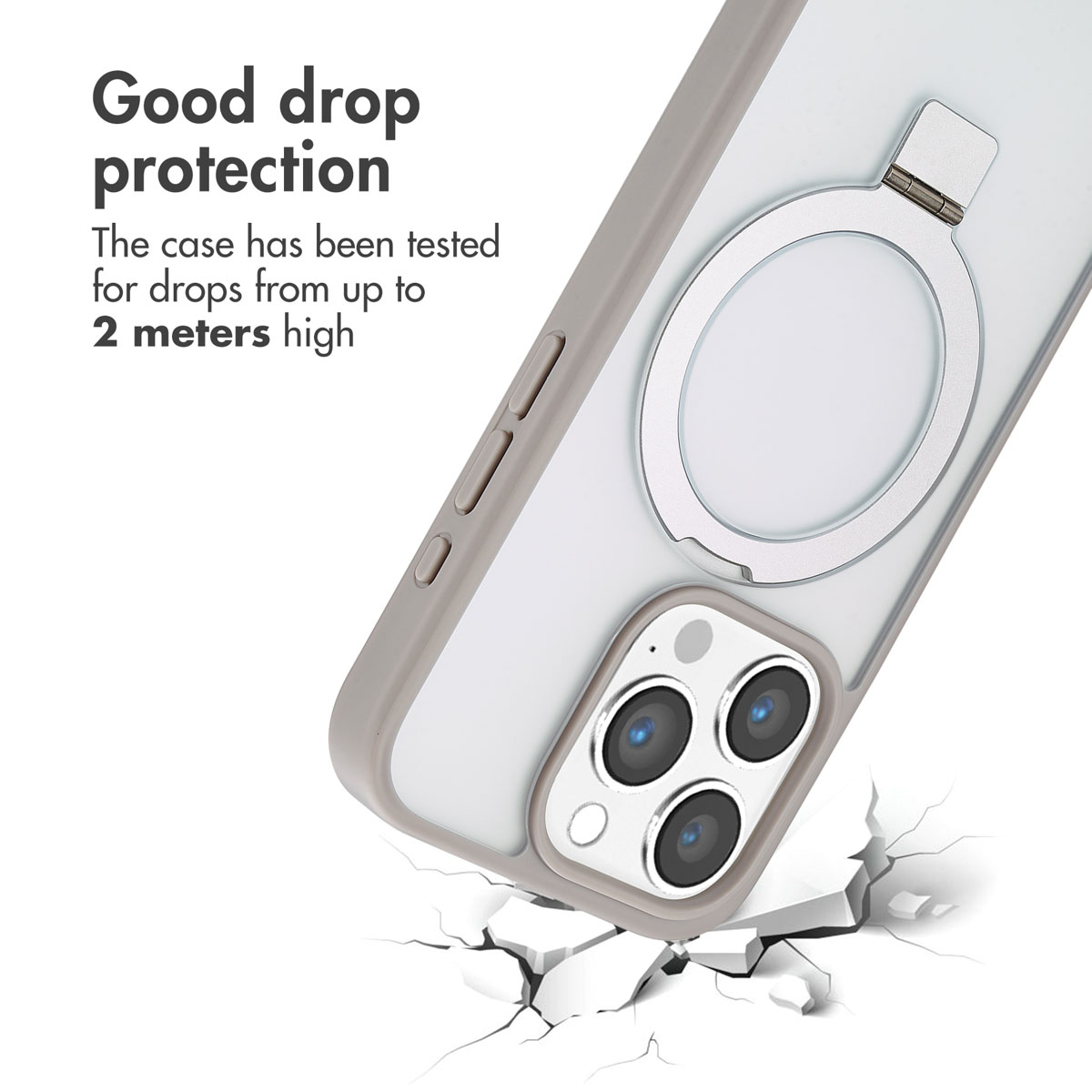 Telefono in custodia protettiva con anello su pavimento rotto, testo indica protezione da 2 metri.