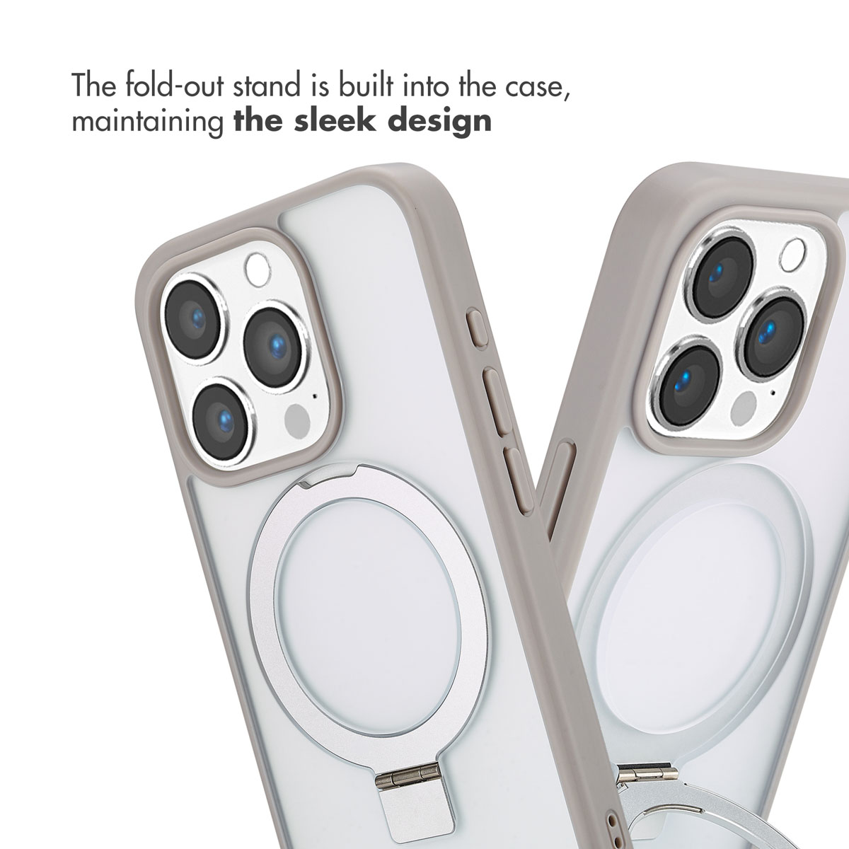 Due custodie per smartphone grigie con supporto circolare pieghevole integrato.