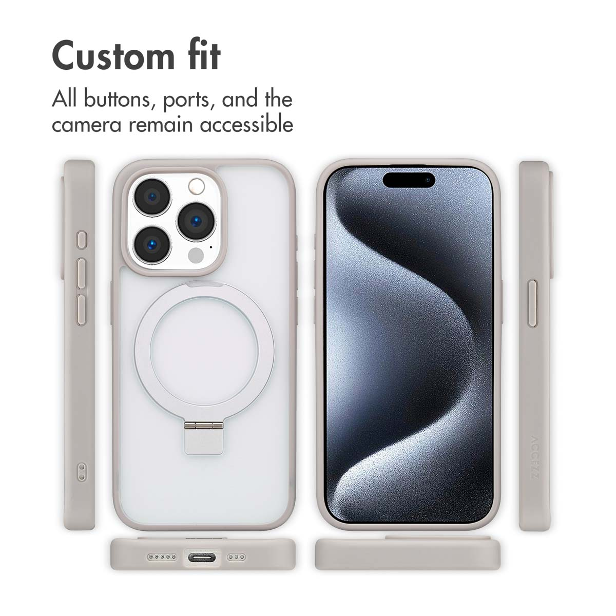 Diverse viste di una custodia grigia per iPhone con supporto ad anello, pulsanti e porte accessibili.