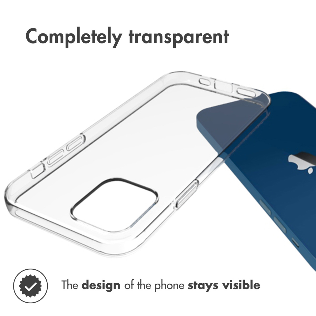 Una funda de móvil transparente y clara junto a un smartphone azul con logotipo de manzana sobre fondo blanco.