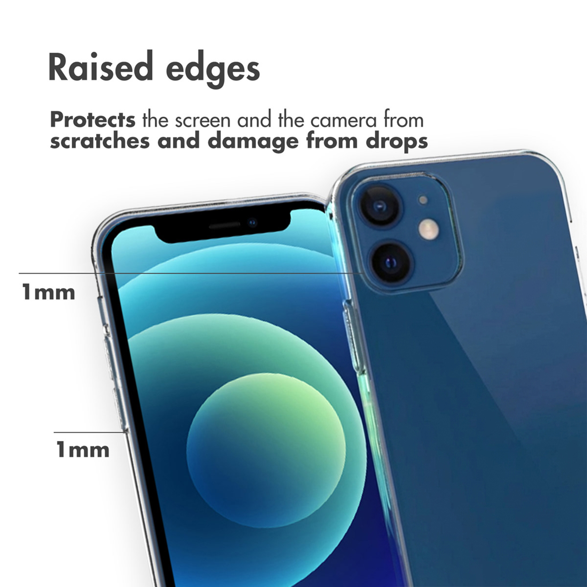 Diagrama que muestra los bordes levantados de una funda para proteger la pantalla y la cámara.