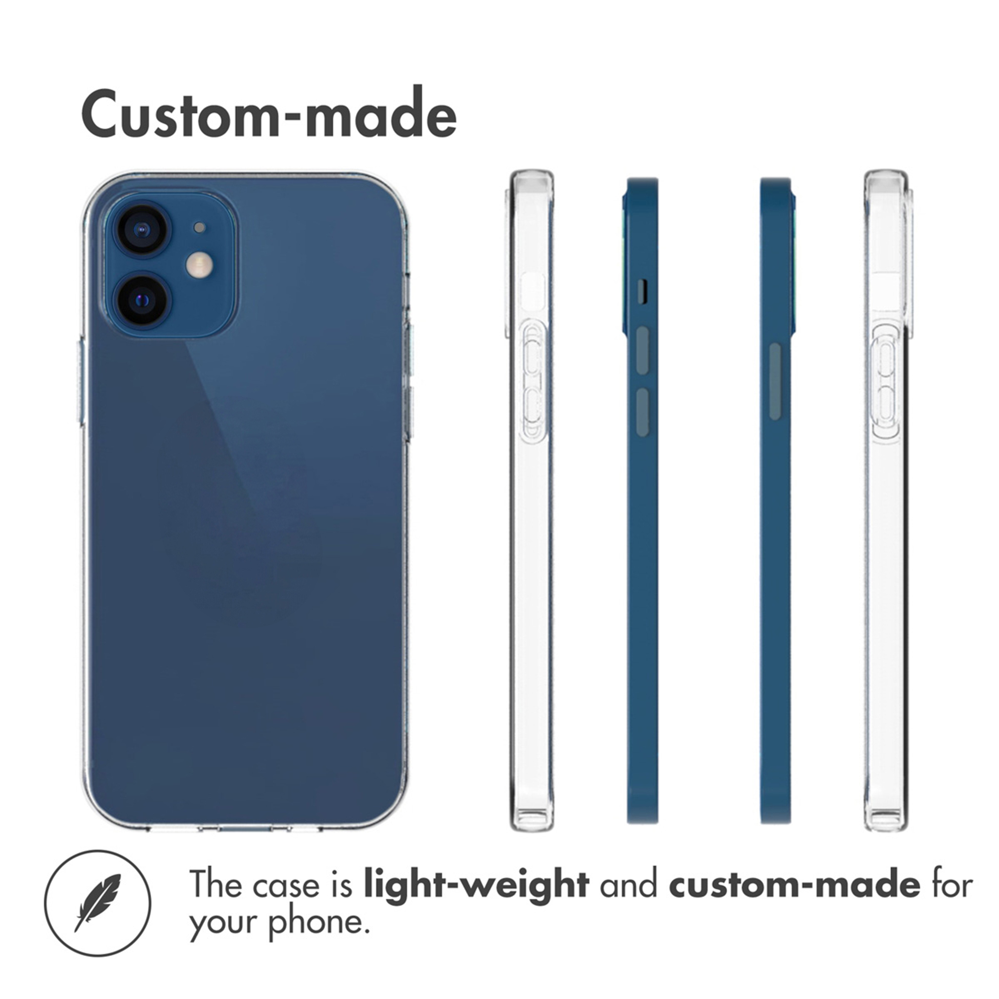 Smartphone azul con funda transparente visto desde varios ángulos.