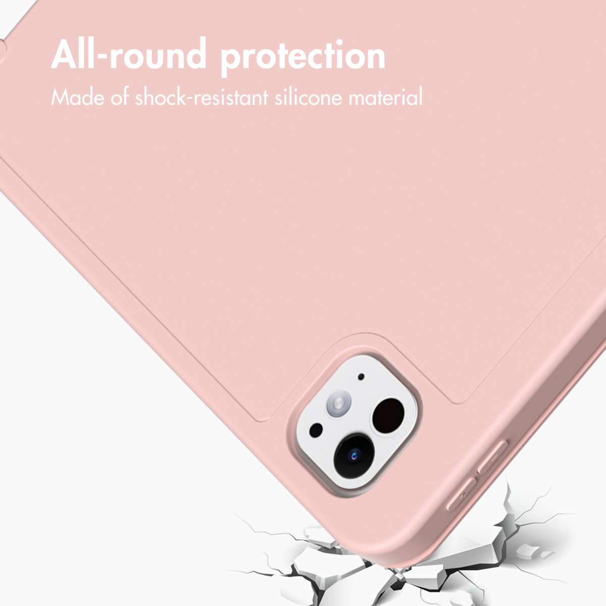 Custodia per tablet in silicone rosa con doppia fotocamera e testo All-round protection.
