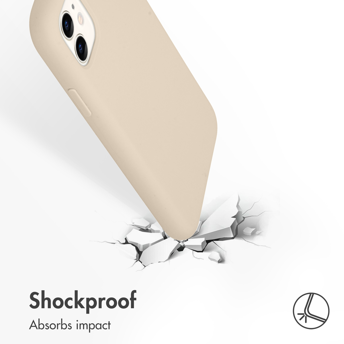 Ein beige Smartphone in einer Schutzhülle stößt auf eine harte Oberfläche, die unter dem Aufprall bricht.