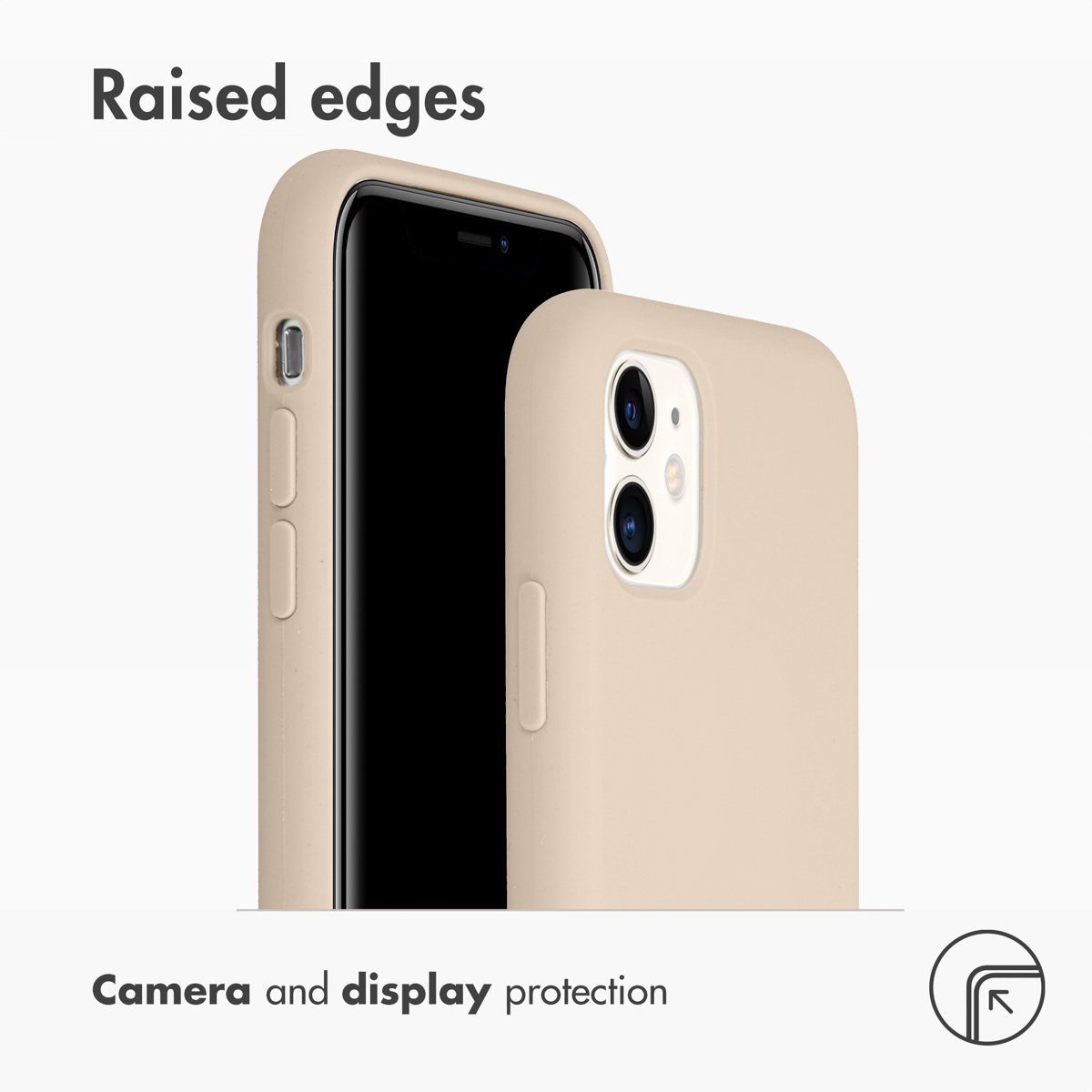 Beige smartphonehülle mit erhöhtem rand für kamera und display.