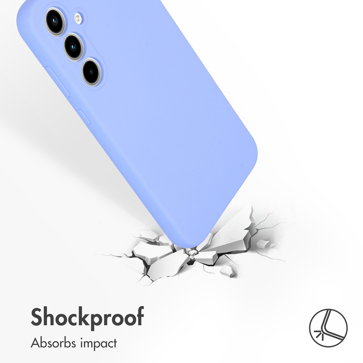 Una funda de móvil azul claro golpea una superficie blanca rota, con texto 'Shockproof' abajo.