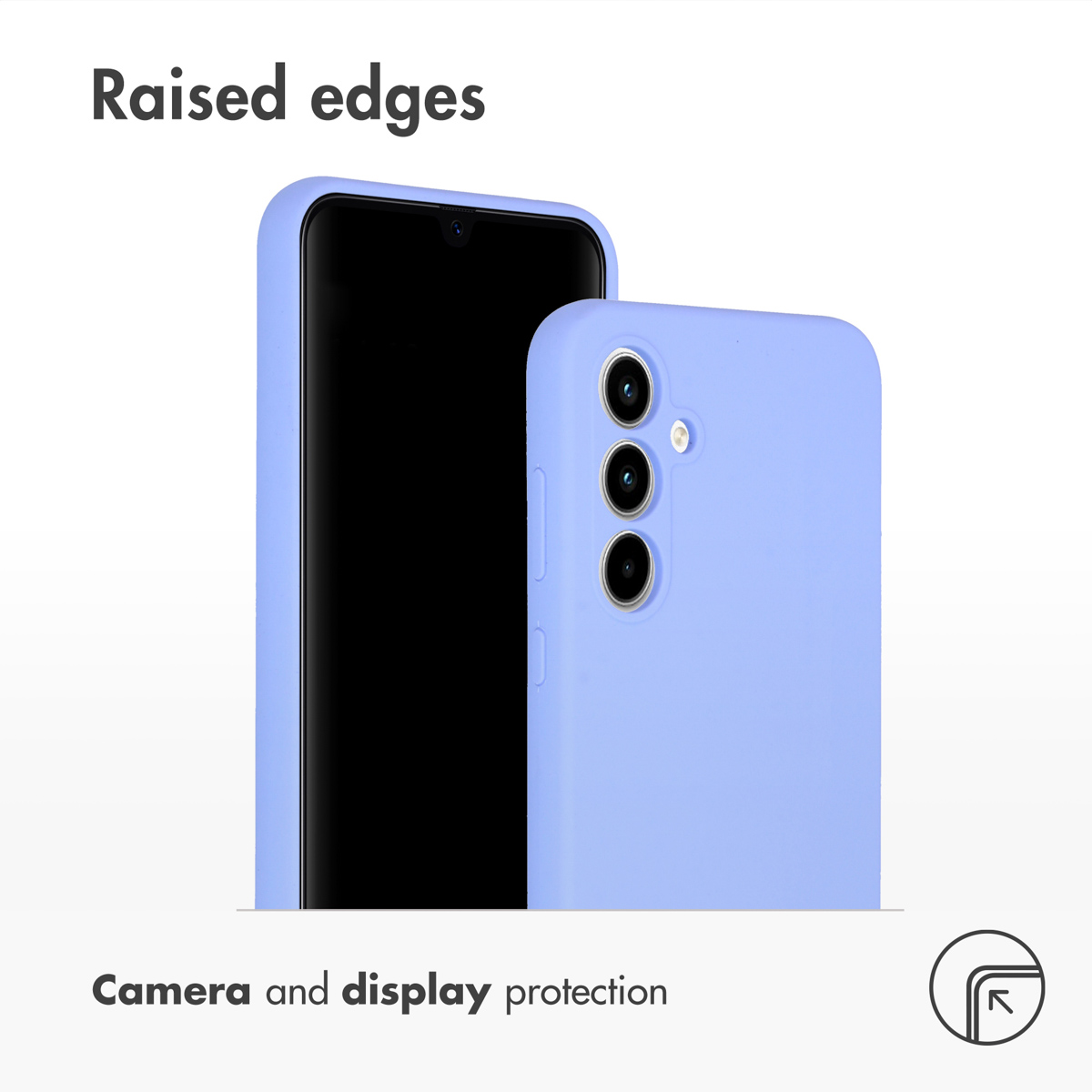Fundas protectoras moradas en un smartphone, destacando bordes elevados para la cámara y pantalla.