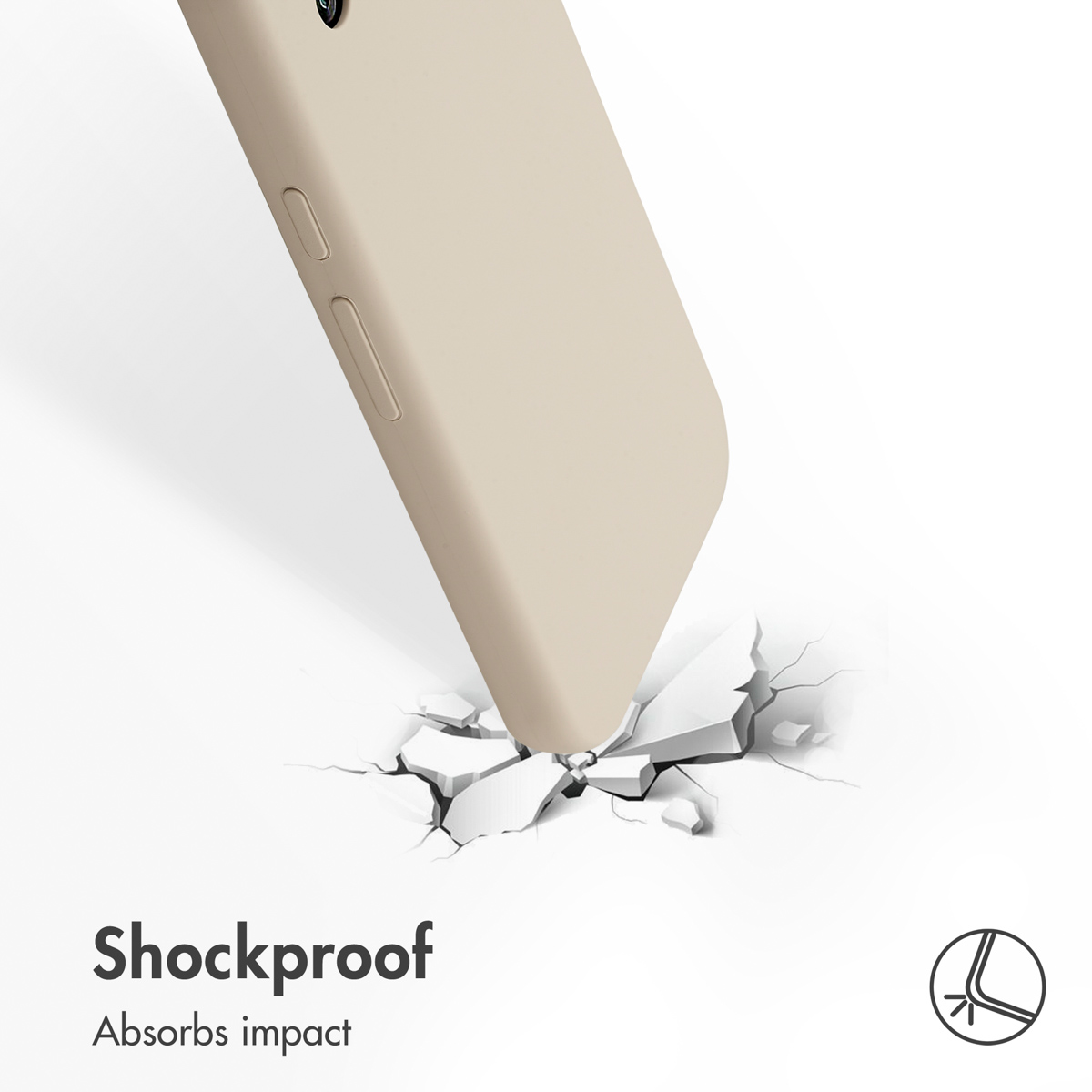 Una cover per telefono beige impatta su una superficie bianca che si rompe, dimostrando protezione antiurto.