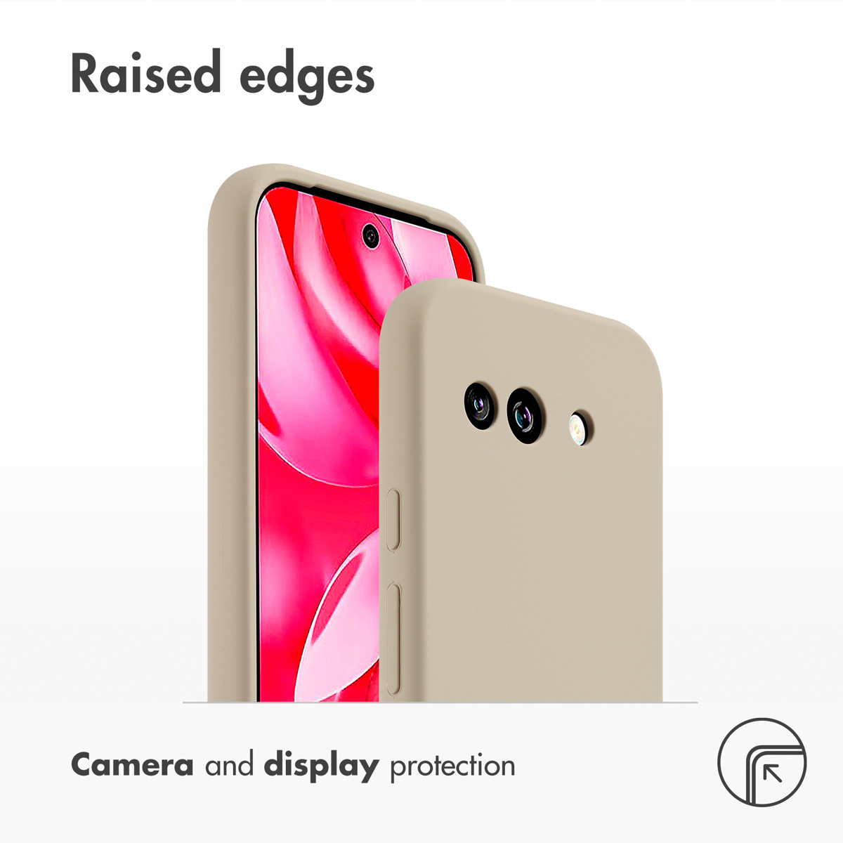 Custodia beige per smartphone con bordi rialzati per proteggere fotocamera e display.