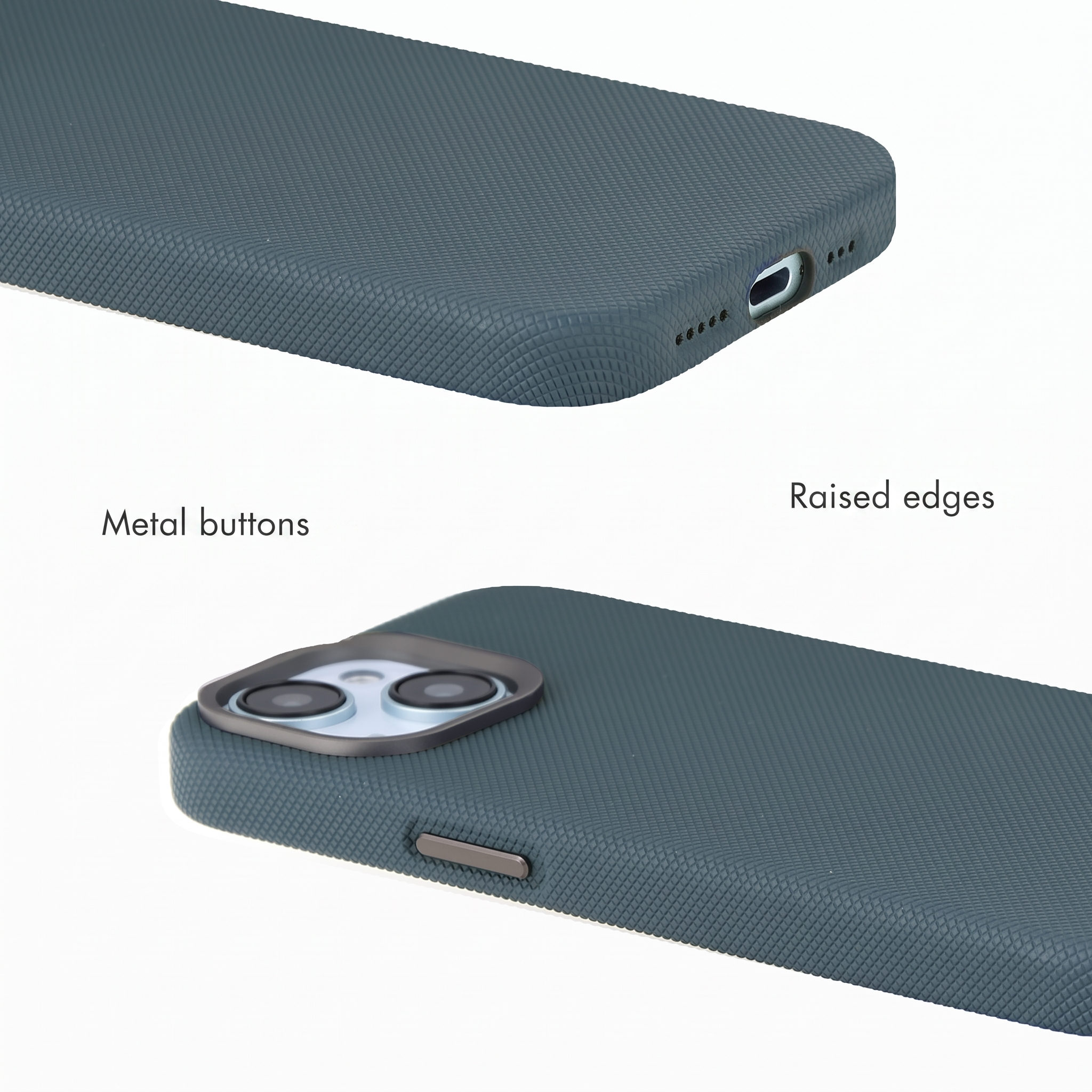 Donkerblauwe telefoonhoesje met getextureerd oppervlak, metalen knoppen en verhoogde randen.