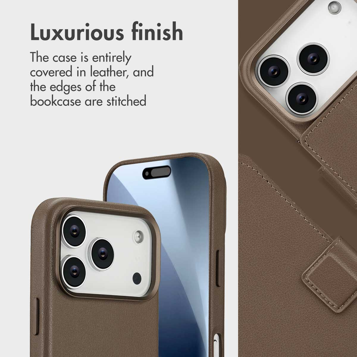 Primo piano di una custodia per smartphone in pelle marrone con bordi cuciti e fori per la fotocamera.